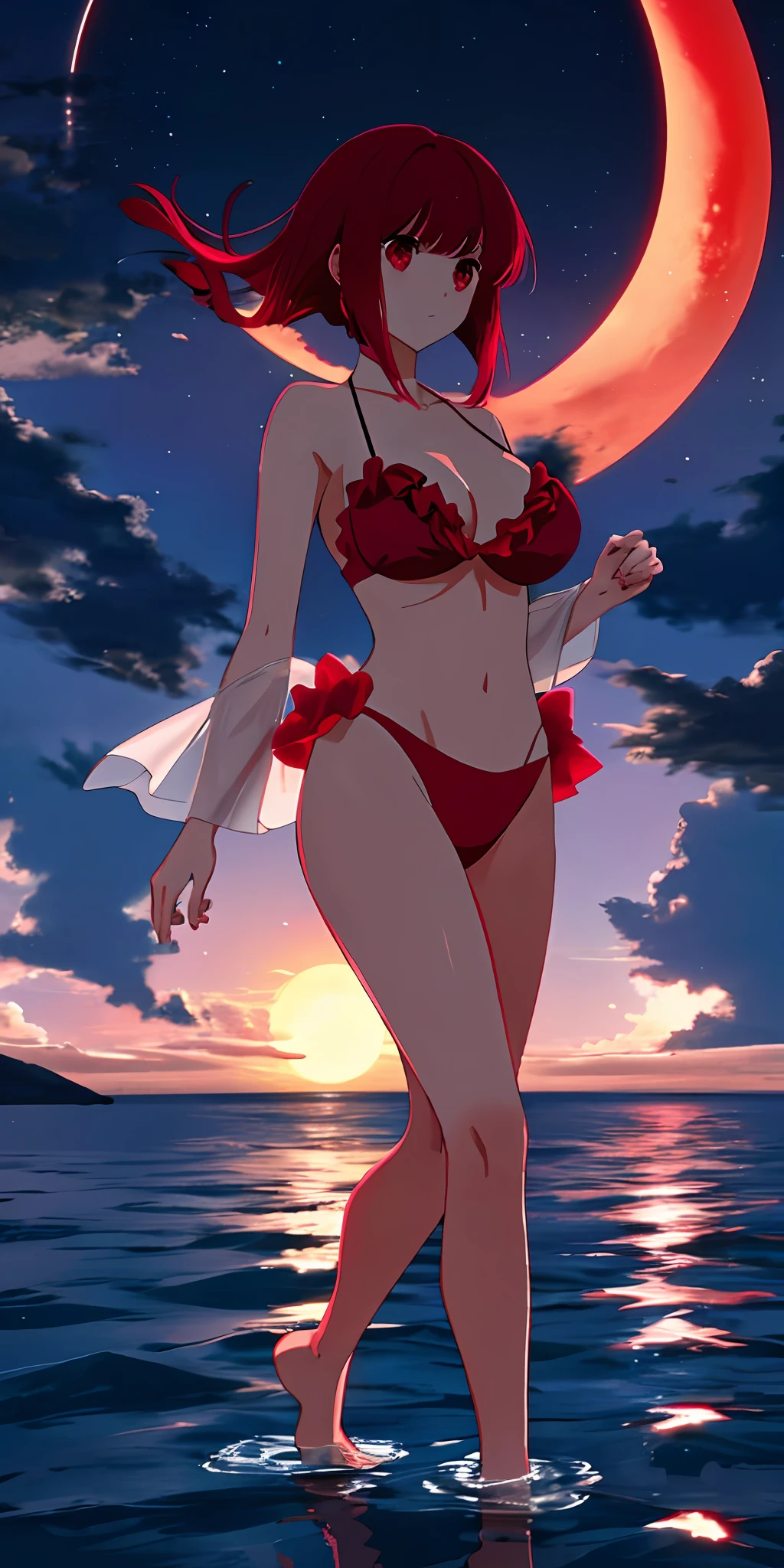 Moon
Ocean
Night sky
Reflection
Serenity
Romanticism
Beauty
Sharing
Distance
Timelessness, 1girl, walking on water,red hair,red eyes, gigantic breast, bikini