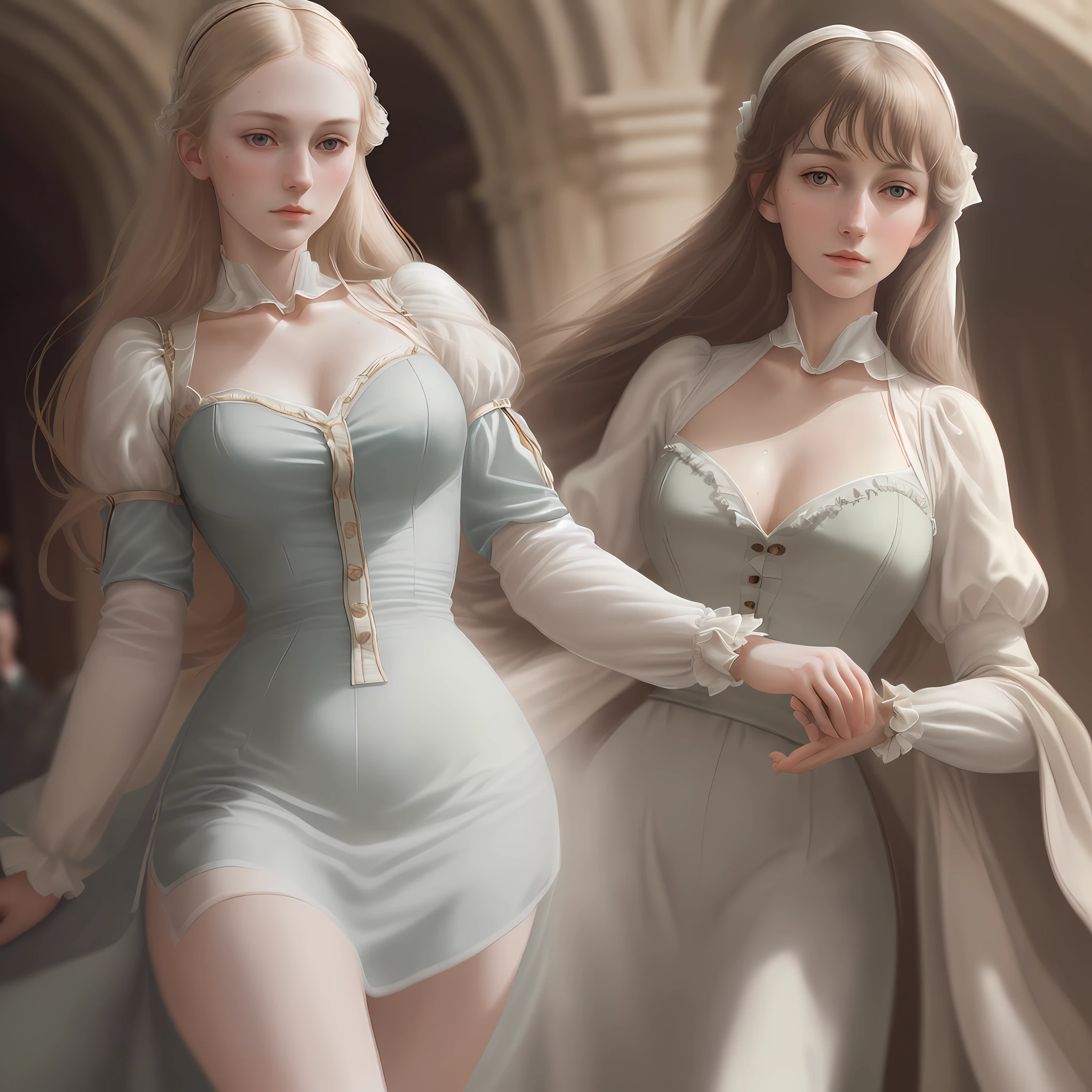 Amazingly beautiful girl in England, Florence Nightingale, Victoria, pale skin, (((realistic face)), realistic proportions, delicate body, staring at the camera, ballet moves, damp, loose collar buttons, long loose hair, sweaty clothes, sweaty skin, fluffy breasts, [[realistic anatomy]], ((focus on the entire body)), (delicate illustration: 1.4), ( Renaissance Art: 1.4), (Ultra High Resolution: 1.2), (Photorealistic: 1.4), (8K, RAW Photos: 1.2), (Soft Focus: 1.4), (18 years old: 1.3), (Sharp Focus: 1.4), Beautiful face with attention to detail, Pure Rose Face_V1, realistic illustration, natural light lighting, indoors,