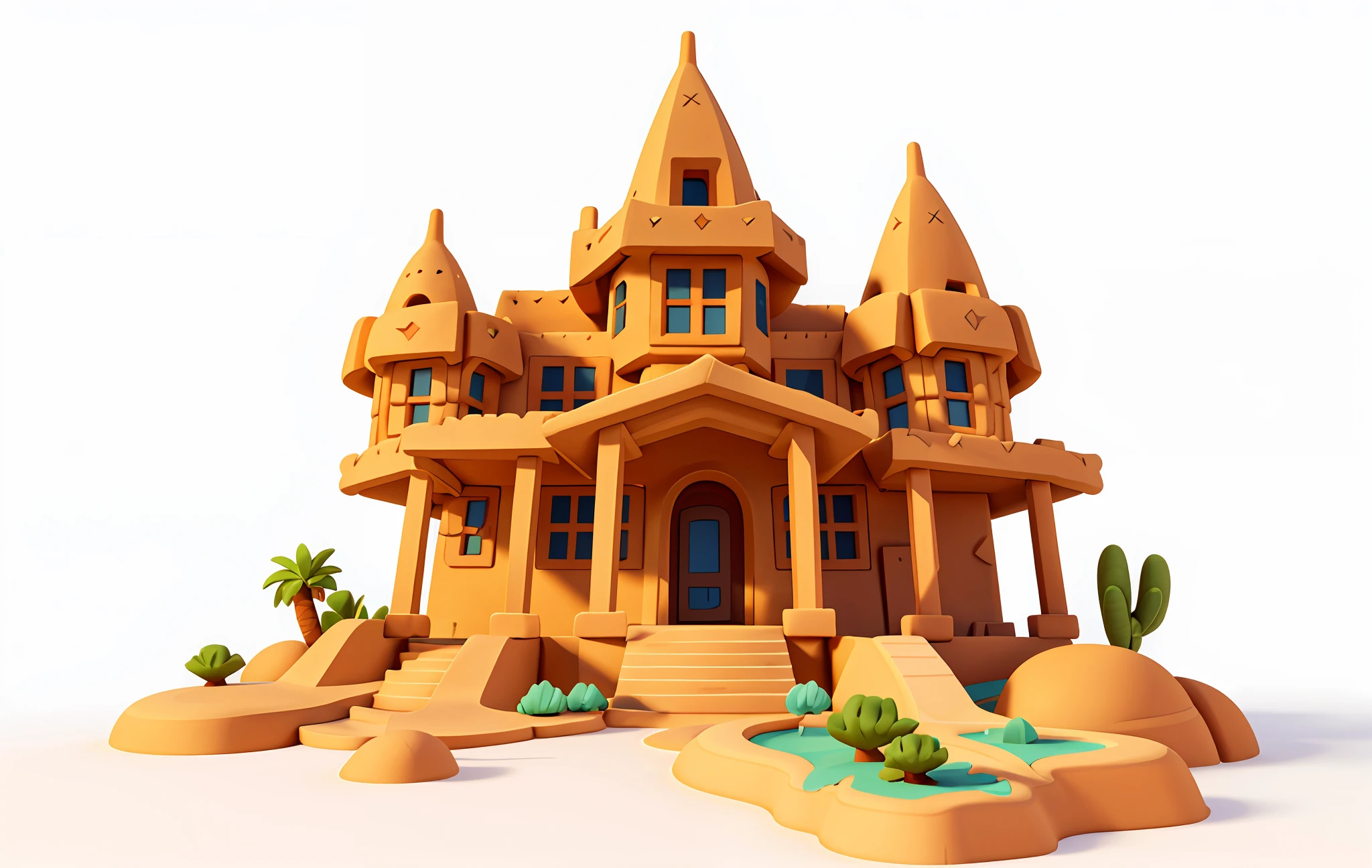 Cartoon style, polygon, game architecture design, fantasy, beautiful house, Desert architecture, desert creatures, white background, casual game style, creative, best detail, 3d, blender, Masterpiece, best quality, cartoon rendering, 8K