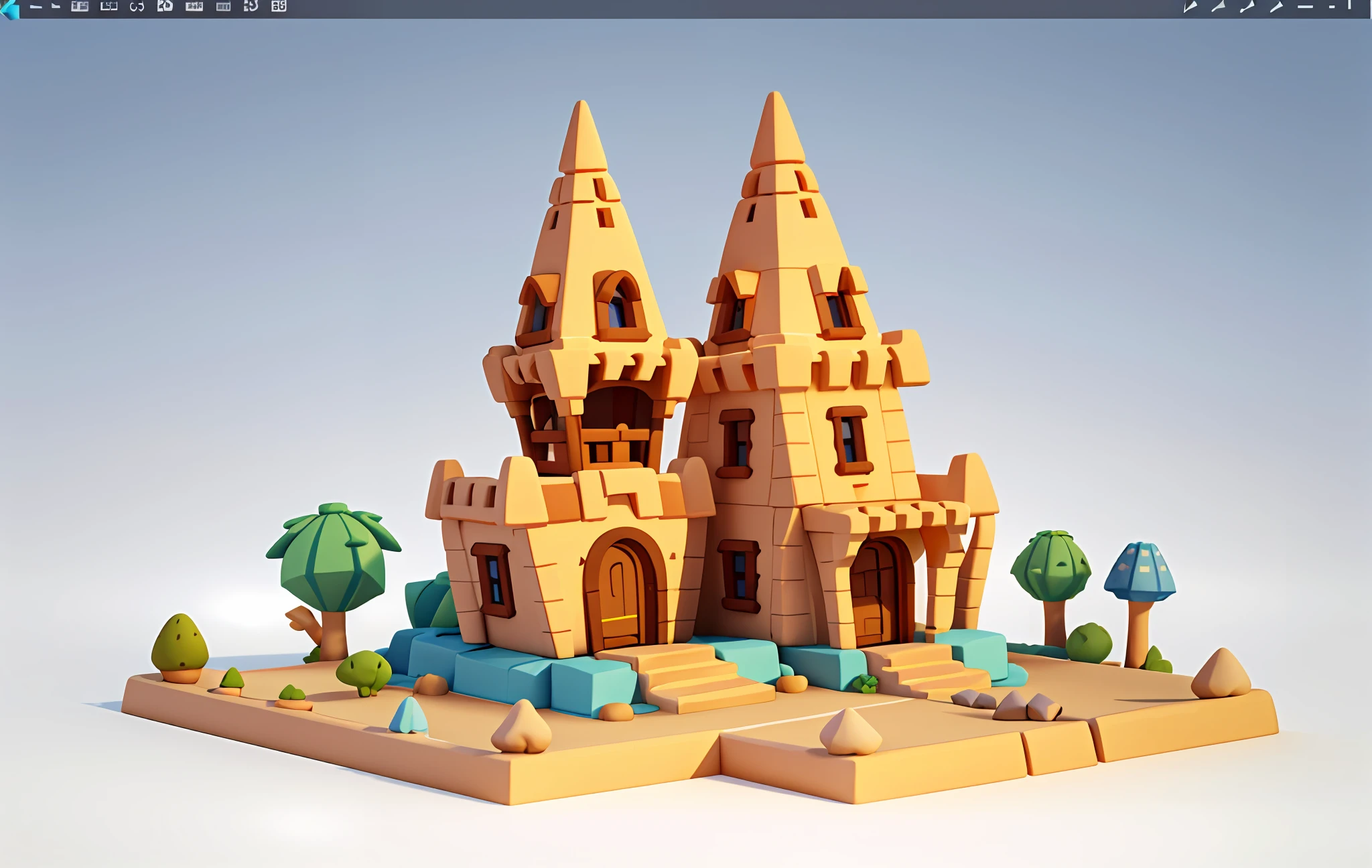 Cartoon style, polygon, game architecture design, fantasy, beautiful house, Desert architecture, desert creatures, white background, casual game style, creative, best detail, 3d, blender, Masterpiece, best quality, cartoon rendering, 8K