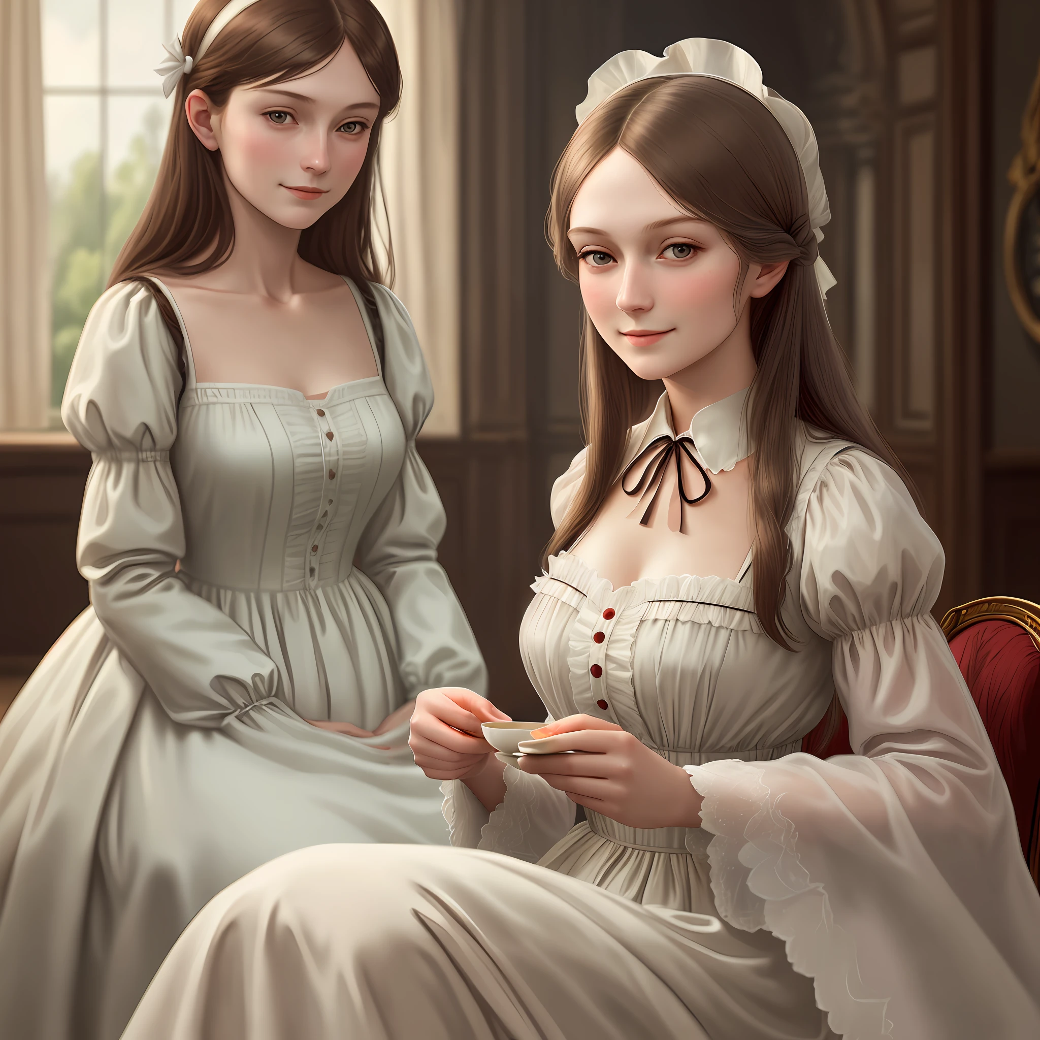Amazingly beautiful girl from England, Florence Nightingale, (realistic face)), big, tea time, damp, white formal shirt, loose collar buttons, nipple bumps, long loose hair, (delicate illustrations: 1.4), (Renaissance art: 1.4), (ultra high resolution: 1.2), (photorealistic: 1.4), (8K, RAW photos: 1.2), ( Soft Focus: 1.4), (18 years old: 1.3), (Sharp Focus: 1.4), Beautiful face with attention to detail, pure rose face_V1, smiling at camera