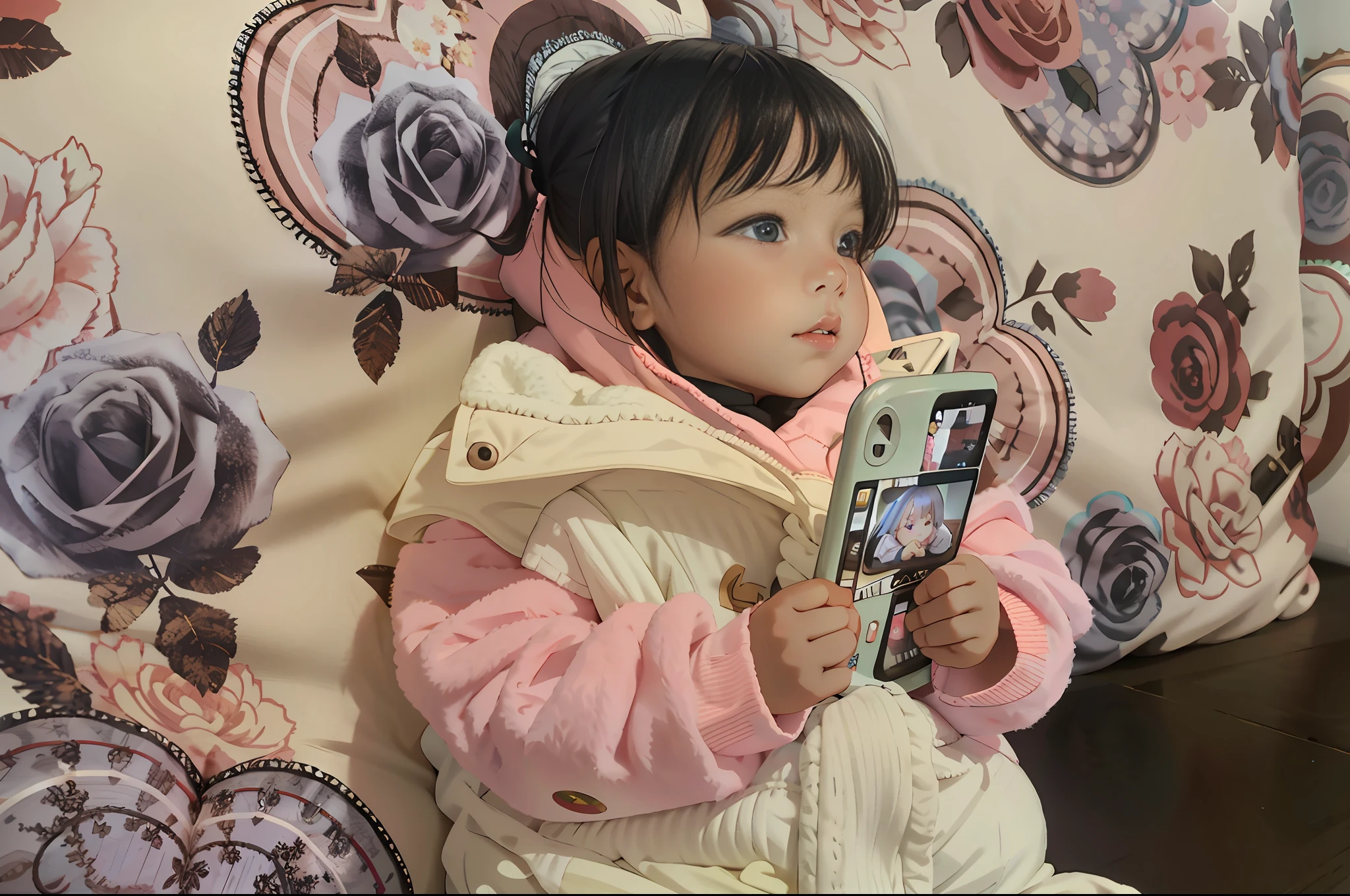There is a sitting on the sofa with a cell phone, young child, baby on her lap, innocent face, child, 2 years old