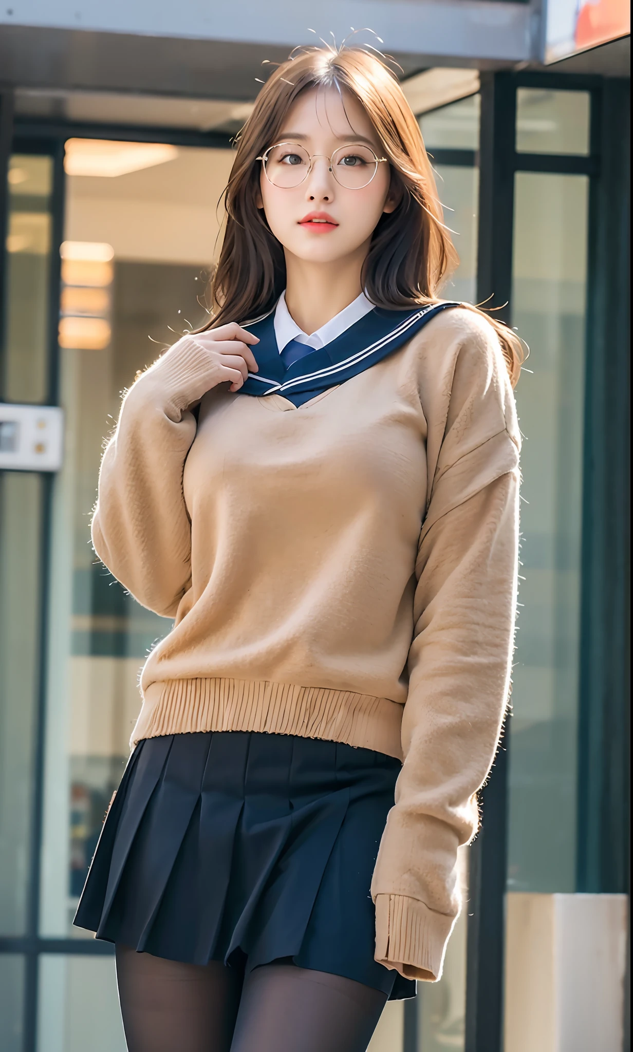 ulzzang-6500-v1.1, (raw photo:1.2), (photorealistic:1.4), beautiful detailed girl, very detailed eyes and face, beautiful detailed eyes, ridiculous, incredibly ridiculous, huge file size, super detailed, high resolution, very detailed, best quality, masterpiece, ((fashion clothing with diverse colors)), illustration, very detailed, CG, unified, 8k wallpaper, amazing, fine detail, masterpiece ,best quality, very detailed CG uniform 8k wallpaper, light on face, movie lighting, 1girl, 16 years old, long white hair, side splits, (big breasts), (no panties)), (glasses), ((dynamic pose))), ((sexy pose))), (camel toe), (half), (pantyhose)), ((black hip skirt))