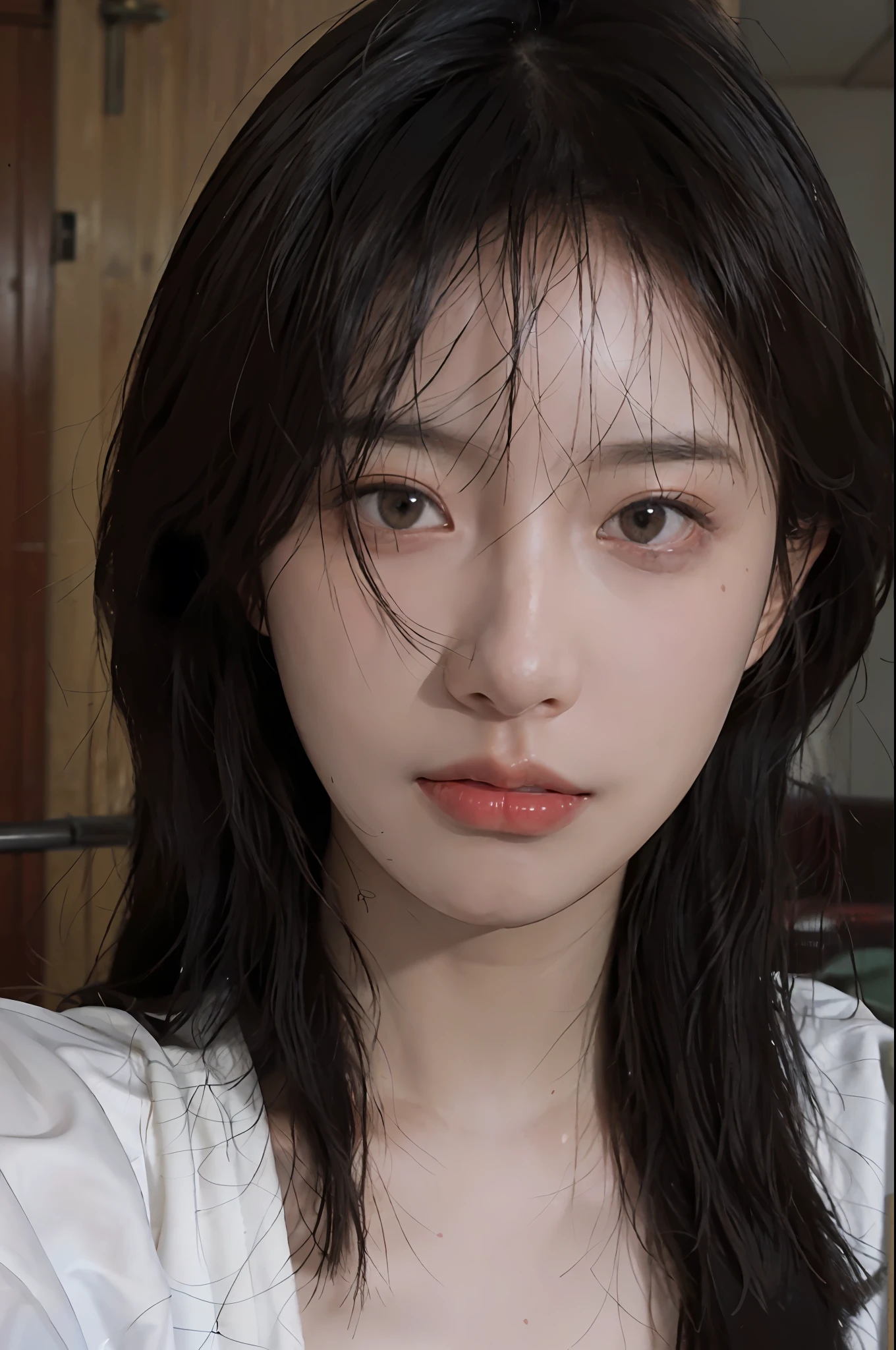 8K, Best Quality, Masterpiece, Ultra High Resolution, (Realism: 1.4), Original Photo, (Realistic Skin Texture: 1.3), (Film Grain: 1.3), (Selfie Angle), 1 Girl, Beautiful Eyes and Face Details, Masterpiece, Best Quality, Close-up, Upper Body, Looking at the Viewer