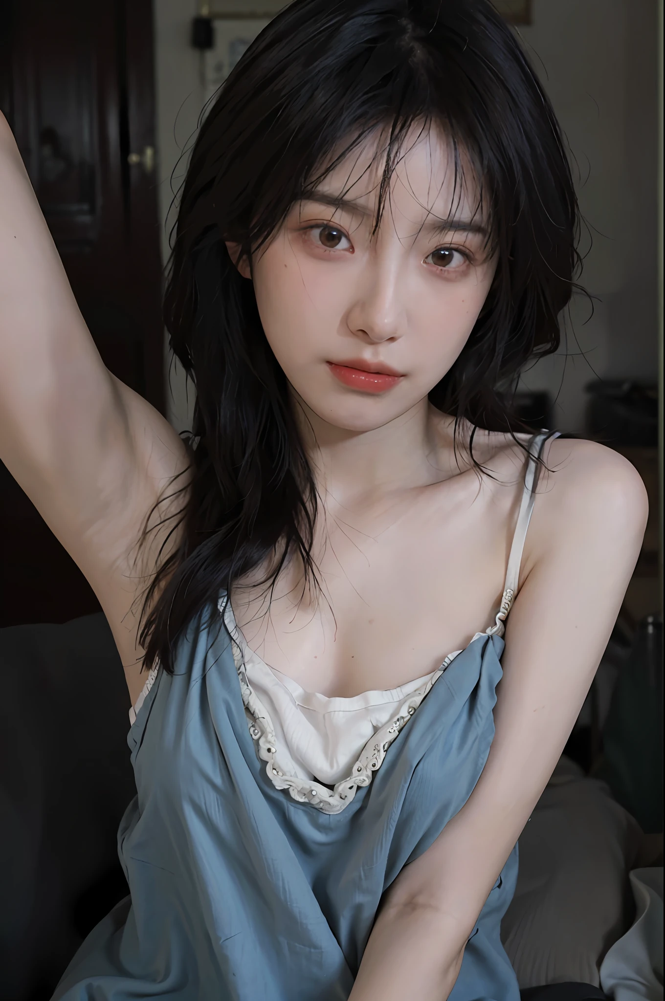 8K, Best Quality, Masterpiece, Ultra High Resolution, (Realism: 1.4), Original Photo, (Realistic Skin Texture: 1.3), (Film Grain: 1.3), (Selfie Angle), 1 Girl, Beautiful Eyes and Face Details, Masterpiece, Best Quality, Close-up, Upper Body, Looking at the Viewer