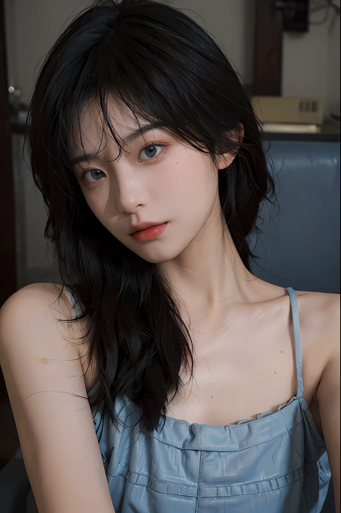 8K, Best Quality, Masterpiece, Ultra High Resolution, (Realism: 1.4), Original Photo, (True Skin Texture: 1.3), (Film Grain: 1.3), (Selfie Angle), 1 Girl, Beautiful Blue Eyes and Face Details, Masterpiece, Best Quality, Close-up, Upper Body, Looking at the Viewer