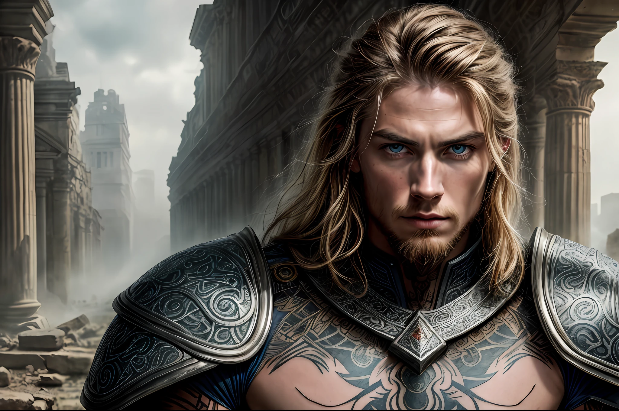 RAW photo, photorealistic, Bold RAW photo of a young man in ancient armor, on the ruins of the city. He has a tense look, detailed skin (with very detailed tattoos: 1.1), blue eyes. The picture was taken with a professional camera with a shallow depth of field, which creates a feeling of naturalness and rawness. The lighting is soft and adds a mysterious atmosphere to the scene. The image is highly detailed, cinematic.