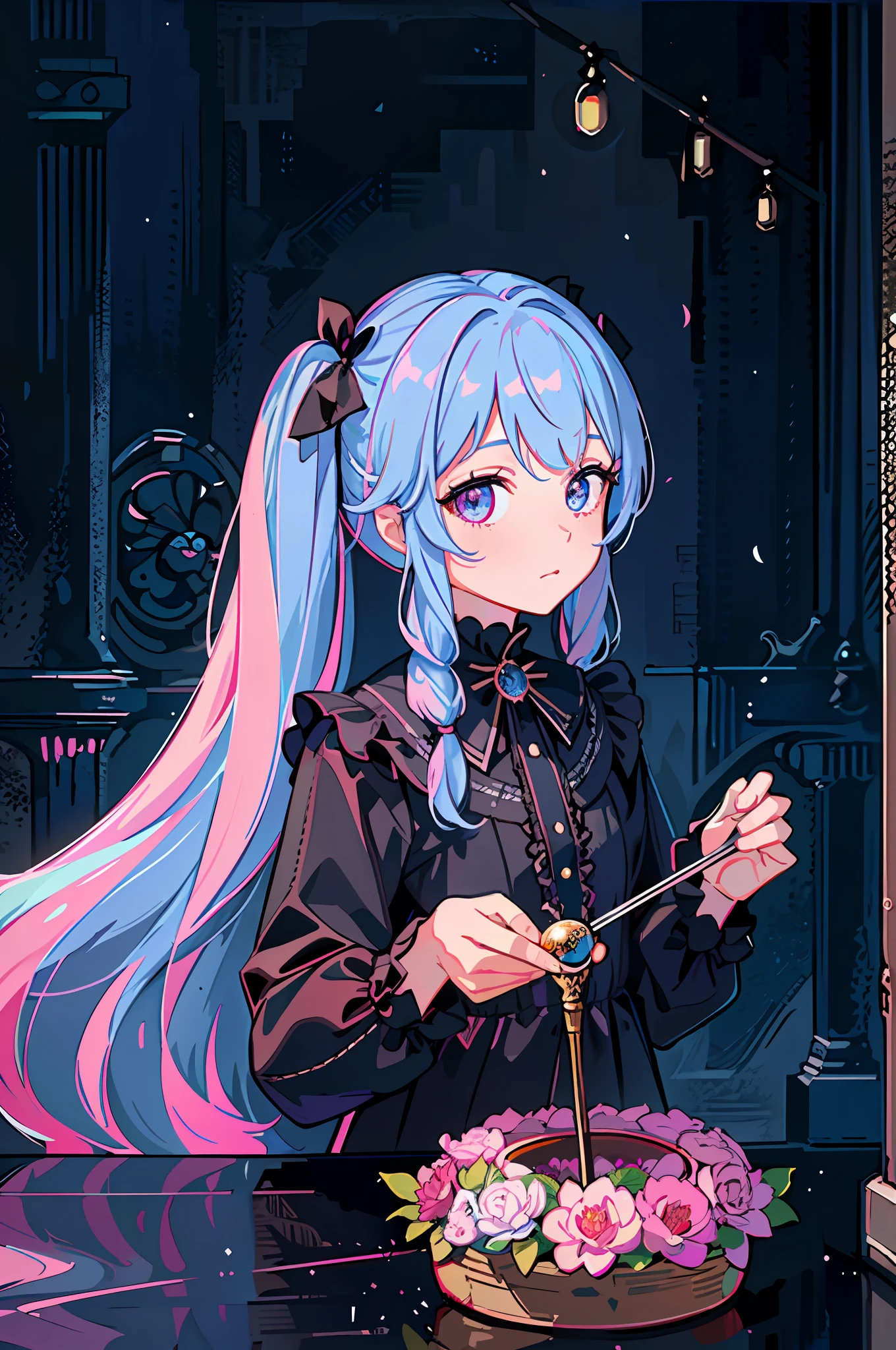 (best quality, masterpiece1.2), (detailed eye:1.2), intricate detail, depth of field, 1girl, standing, upper body, princess, long hair, forest, looking at viewer, (Two-forked pigtails: half pink, the other half light blue secret two-tone), red eyes, flame in one eye