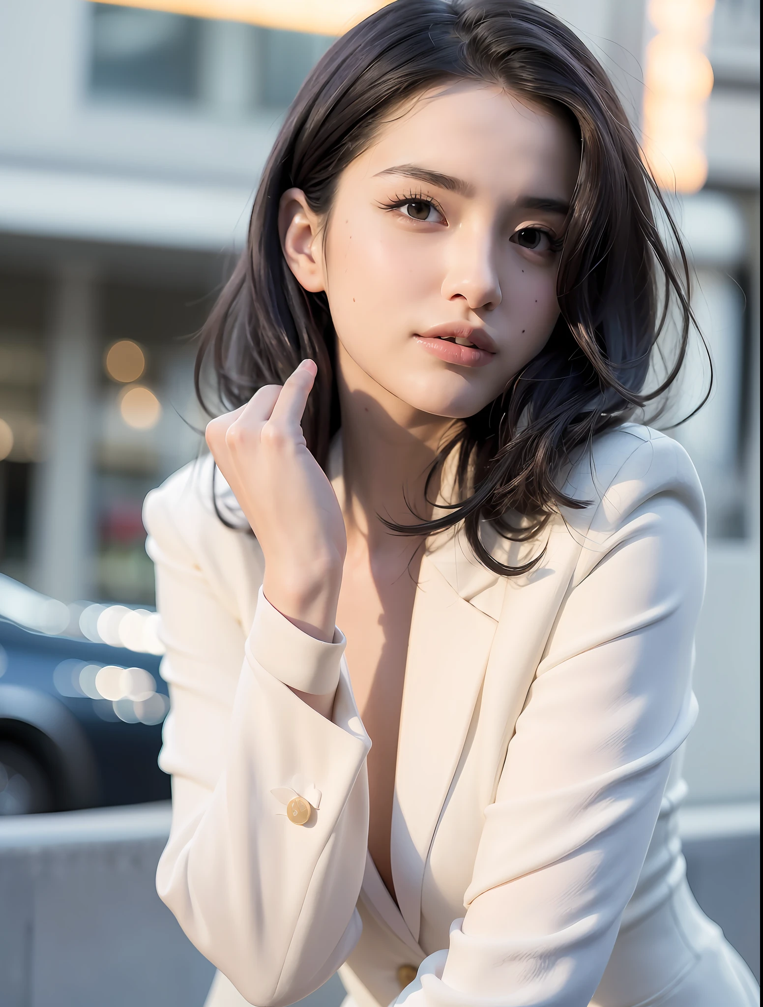 A close up of a woman in a white suit posing for a picture - SeaArt AI