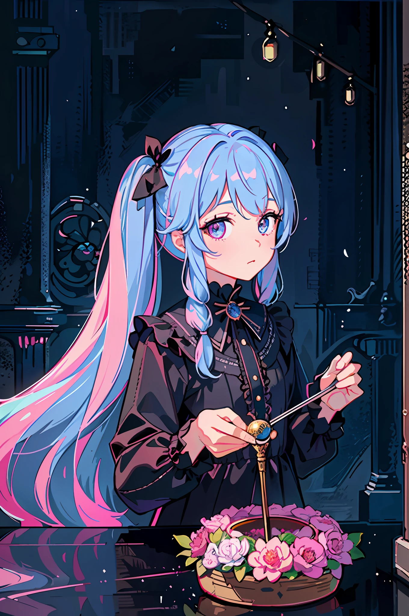 (best quality, masterpiece1.2), (detailed eye:1.2), intricate detail, depth of field, 1girl, standing, upper body, princess, long hair, forest, looking at viewer, (Two-forked pigtails: half pink, the other half light blue secret two-tone), red eyes, flame in one eye