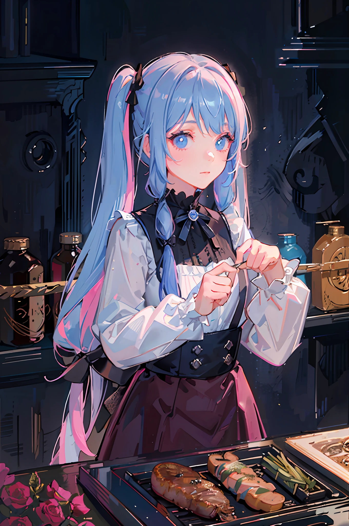(best quality, masterpiece1.2), (detailed eye:1.2), intricate detail, depth of field, 1girl, standing, upper body, princess, long hair, forest, looking at viewer, (Two-forked pigtails: half pink, the other half light blue secret two-tone)