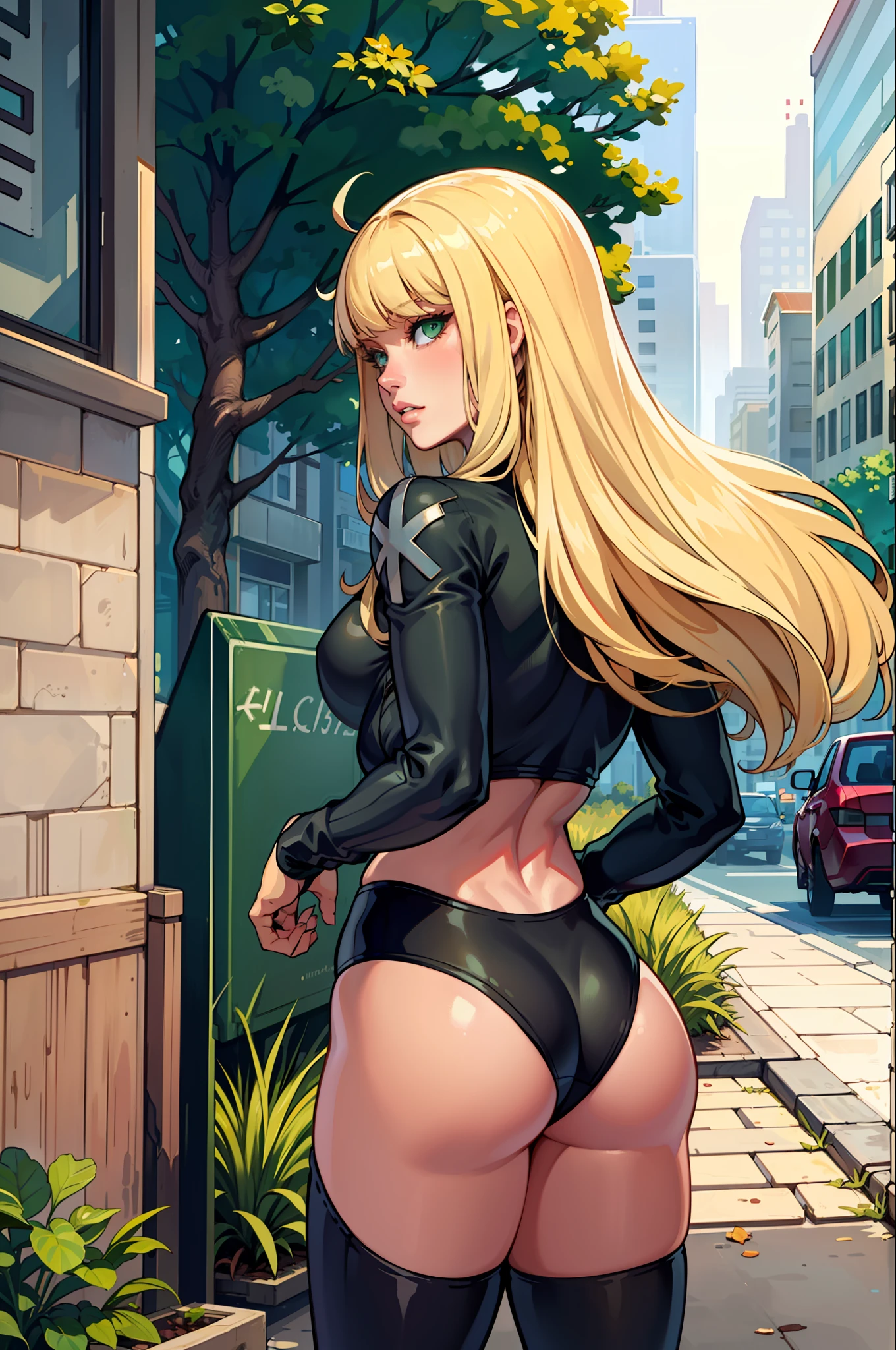 (masterpiece, premium quality: 1.2), alone, strong, 1girl (magik), long blonde hair with bangs, green eyes, back, showing butt, in clothes, sfw, on the street (shot from behind 1:1)