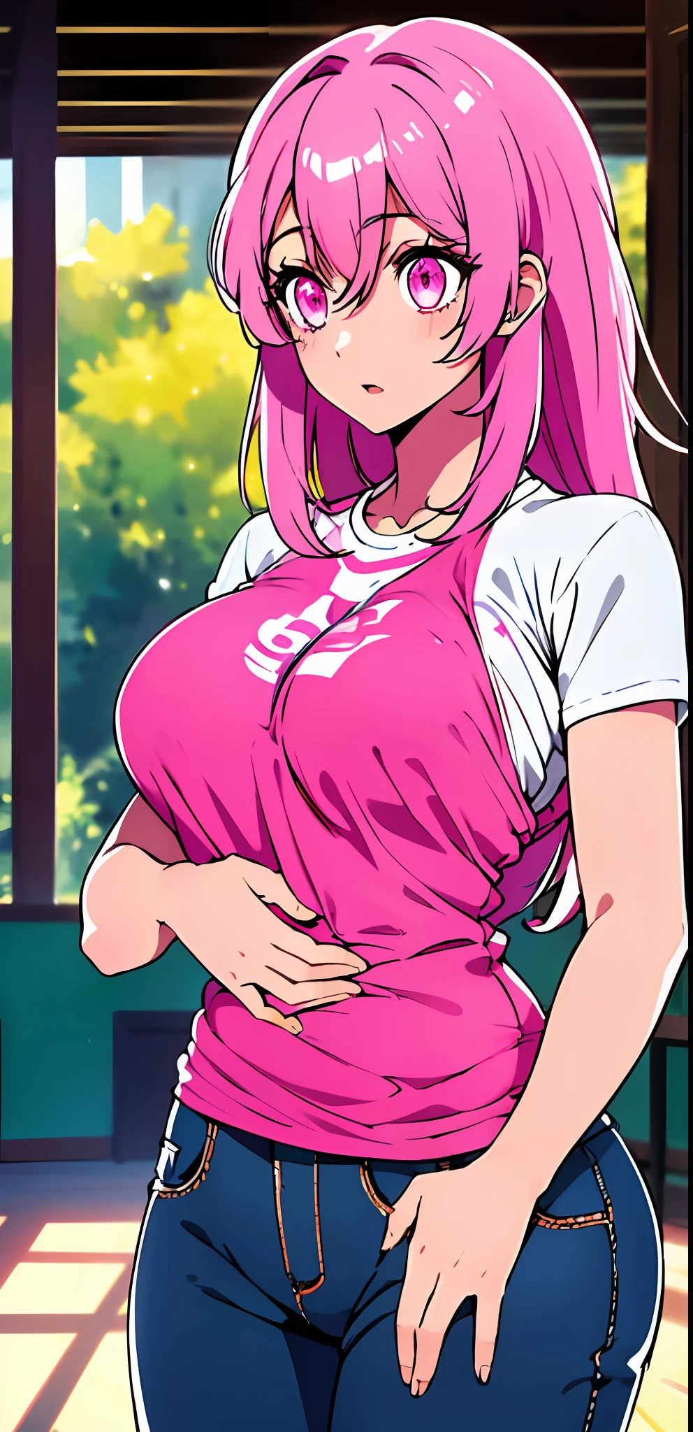 indoor,:d,(her own hands breast grab:1.5),from below, masterpiece, best quality, extremely detailed face, sharp details, high contrast, pink eyes, pink hair , t shirt , long pants