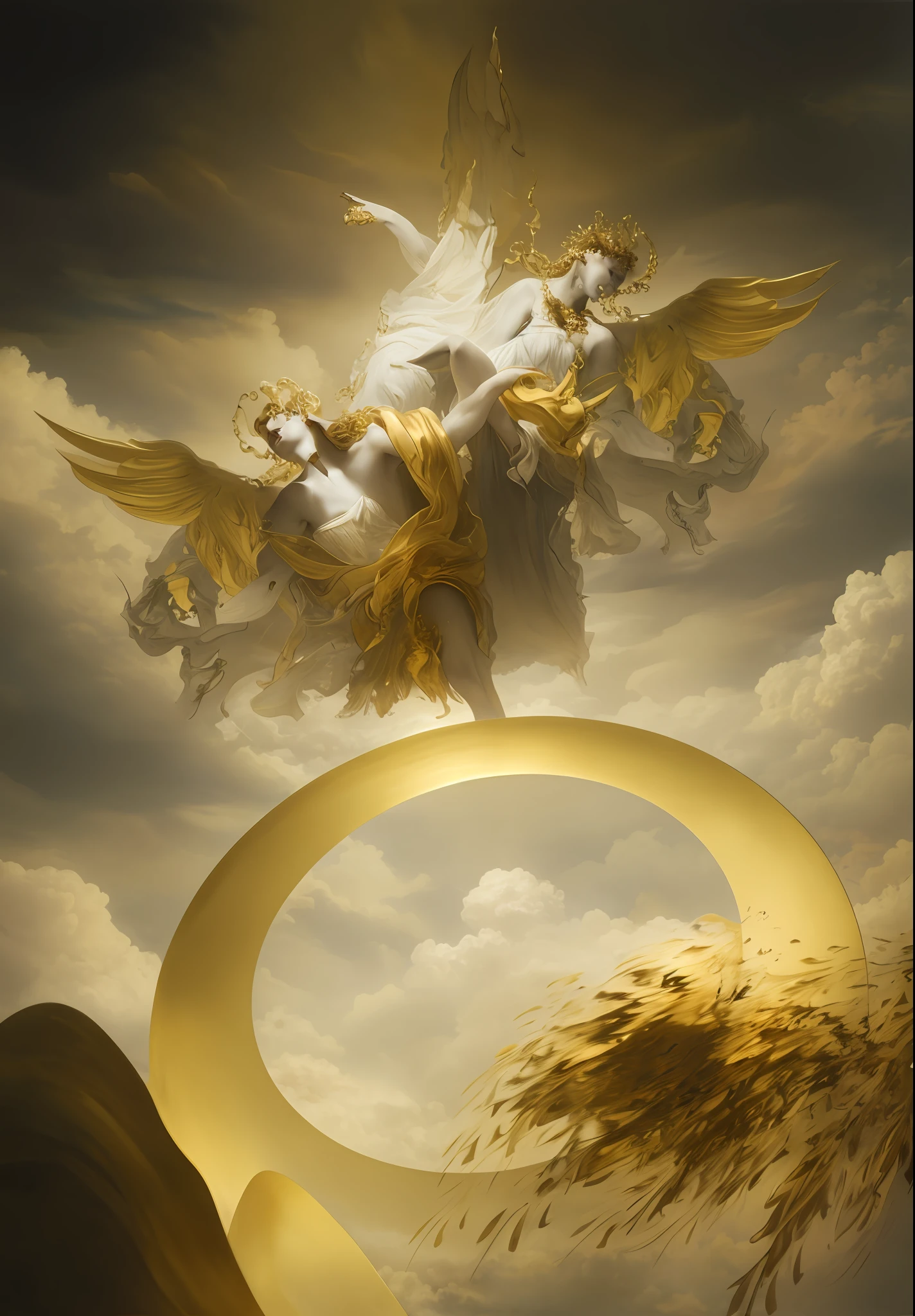 angels flying in the sky, clouds, dome, massive trees, mountains, oil painting, style of Turner, what the soul can see, color and texture and space of Kim Keever, dark gold and light gold, concept art, dreamlike figures, lines composition of kay nielsen and karol bak, hyper-detailed, surrealist-influenced depictions of human figures, light gold and amber, lighting effects of marta bevacqua, fluid motion and movement, reimagined religious art, in the style of sculpted impressionism, i can't believe how beautiful this is, fluid landscapes, rococo ornateness, apocalypse art, ethereal biomorphism, dark yellow, i can't believe how beautiful this is, hyper-detailed illustrations, dreamlike installations, caravaggesque, emotional and dramatic scenes