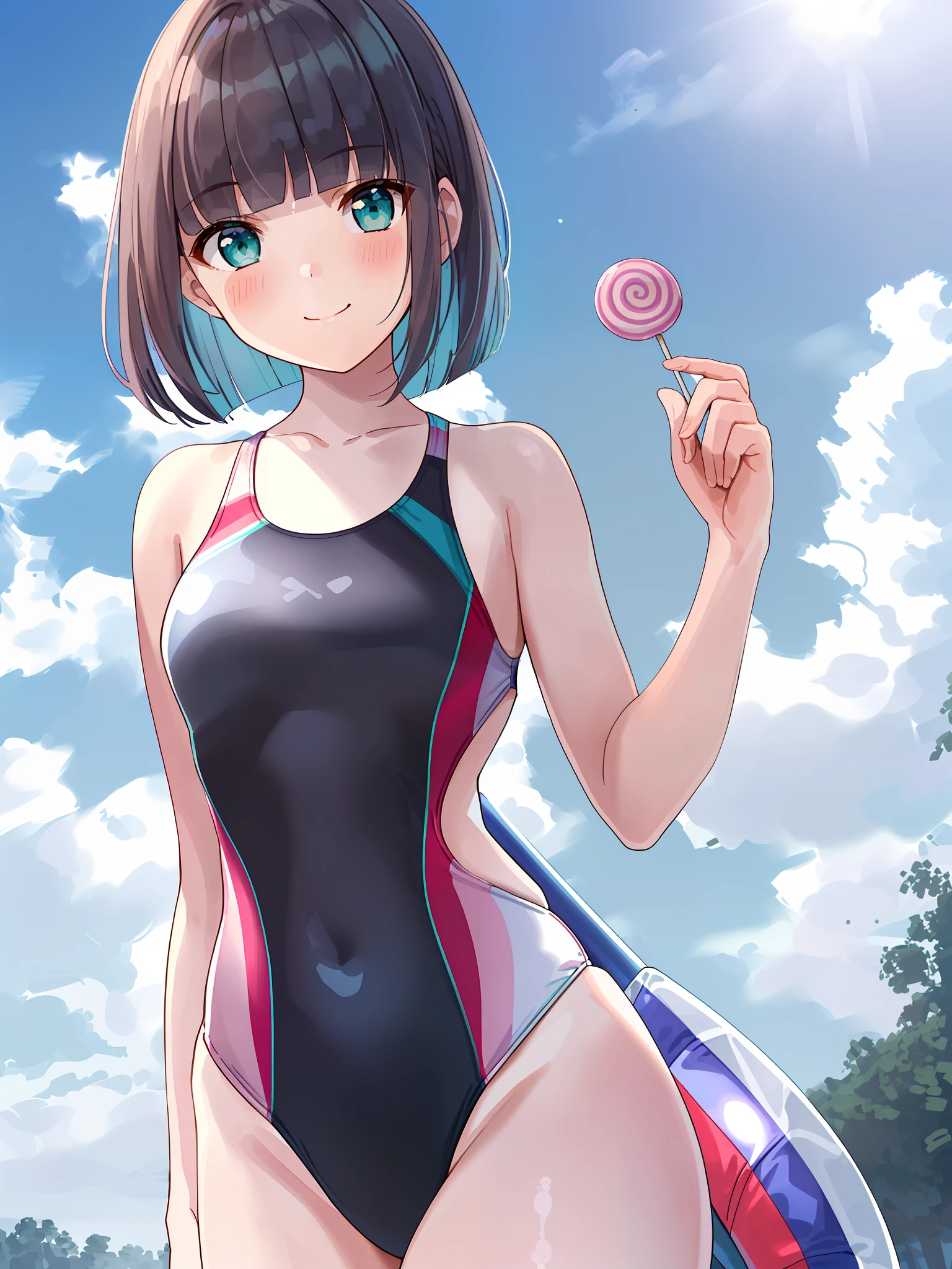 masterpiece, (best quality:1.4), detailed, girl, (solo), (mauve hair:1.2), (medium hair:1.2), (blunt bangs:1.4), (aqua eyes:1.2), (smile:1.2), blush, closed mouth, (standing:1.4), (lollipop:1.0), cute, (one-piece swimsuit:1.0), (competition swimsuit:1.2), collarbone, bare arms, detailed eyes, highres, outdoor, (sky:1.3), (russian flag:1.0), high details, (looking at viewer:1.2)