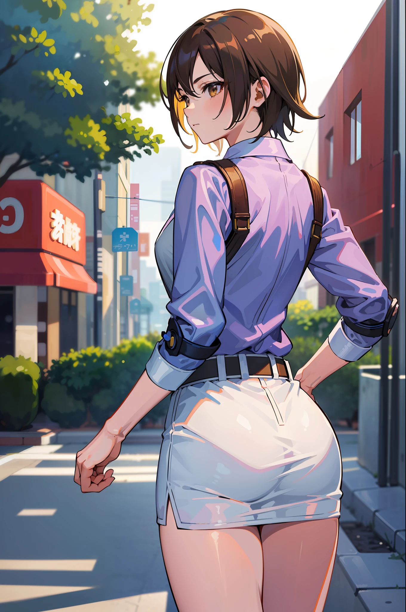 (masterpiece, premium quality: 1.2), alone, strong, 1girl (Kazama Asuka), short brown hair, brown eyes, back, showing butt, in clothes, sfw, on the street (shot from behind 1:1)