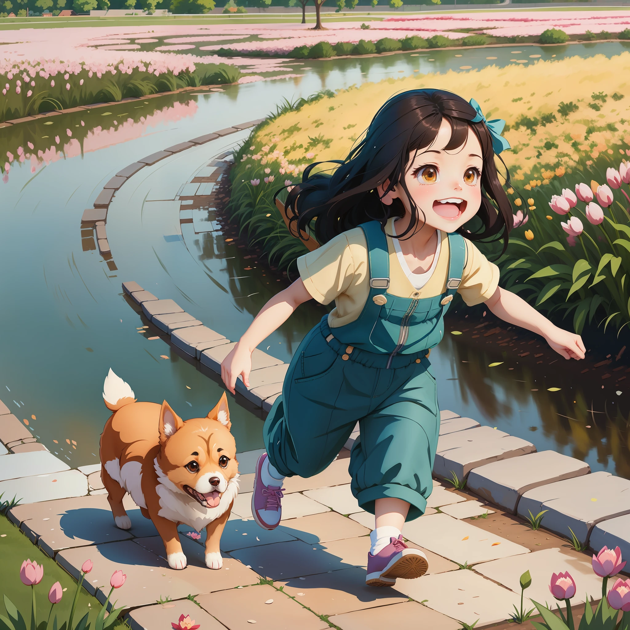 anime girl running with dog on brick path near pond, adorable digital painting, a beautiful artwork illustration, by Jin Nong, the anime girl is running, by Yang J, by Ni Duan, cute detailed digital art, atey ghailan 8 k, cute digital art, beautiful digital illustration, spring day, by Yeong-Hao Han