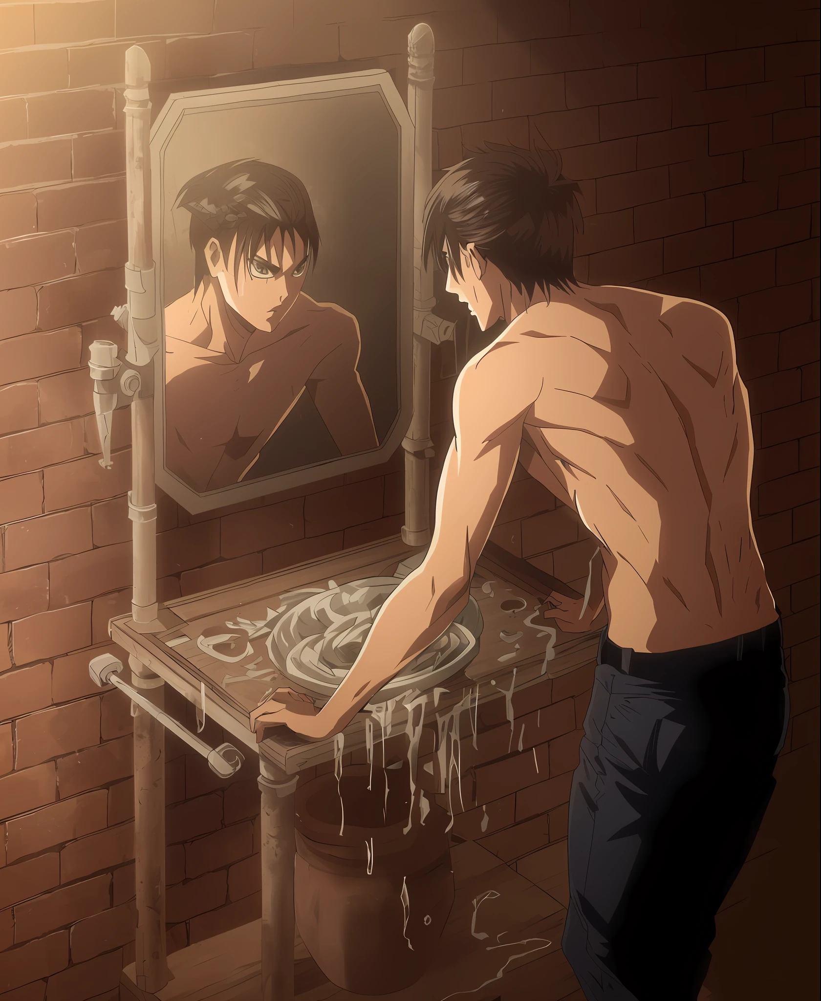 best quality, masterpiece, (realistic: 1.2), 1 man, Eren Jaeger, black jeans, black pants, brown hair, attack on Titan, cold background, black jacket, slim body, high definition, high quality, black clothes