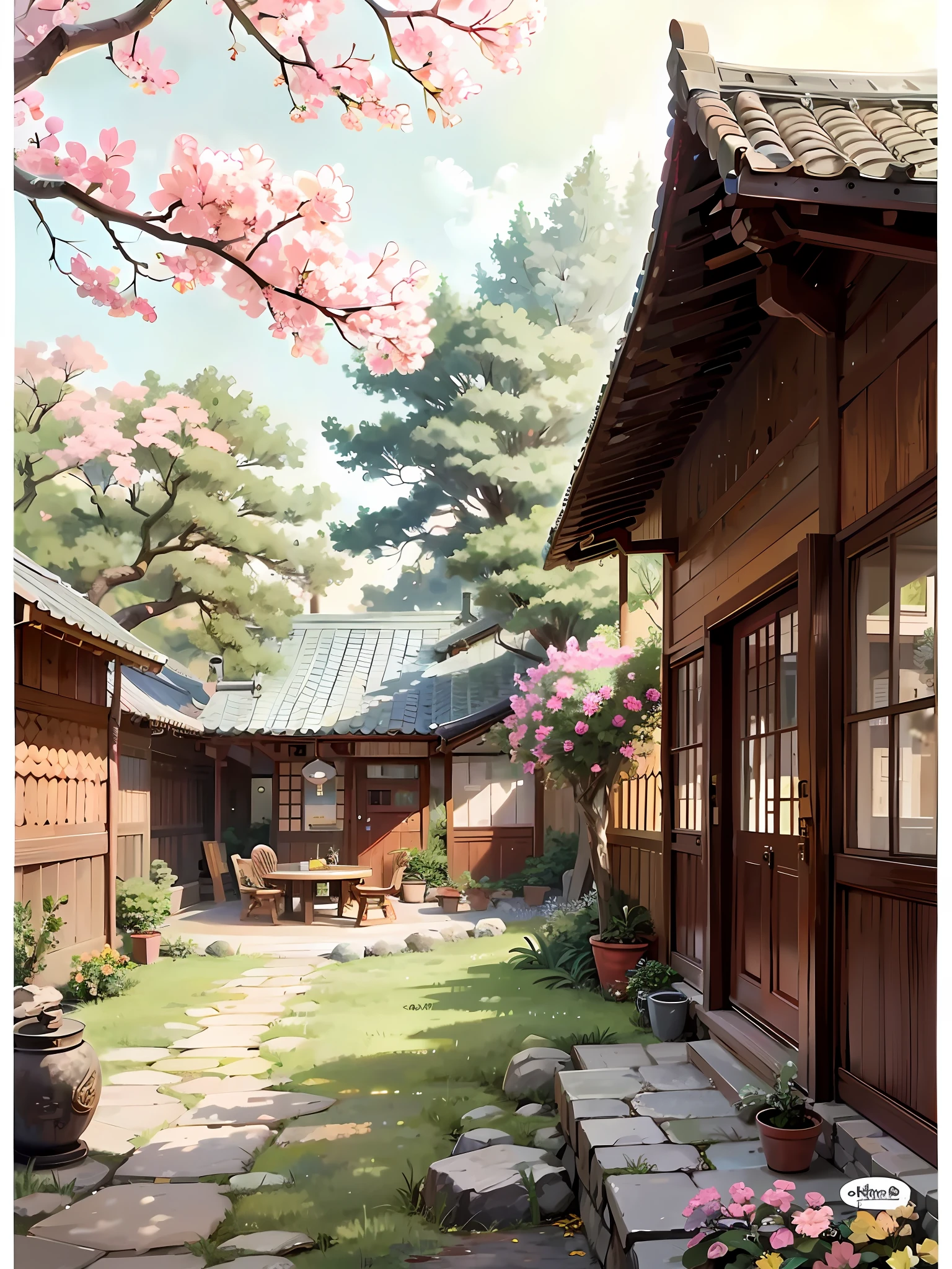 Courtyard painted with tables, chairs and blossom trees, detailed scenery, beautiful anime scenery, landscape artwork, Japanese house, 8k