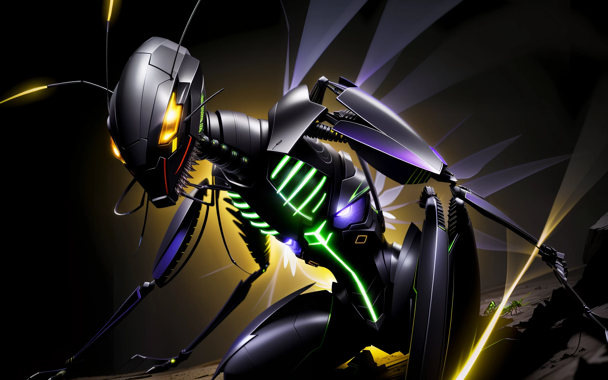 Mosquito hill black lightning mantis insect style, with multiple flash visual effects, glowing, fantasy, 3D, Hd, HdR, high end 4k v--4.-