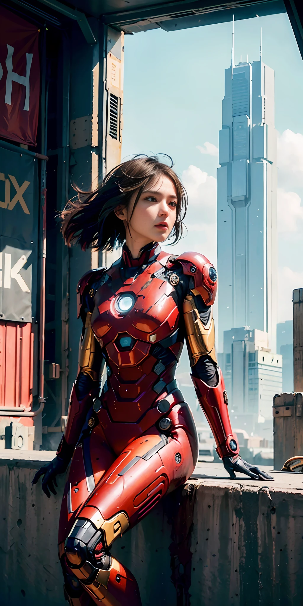 (1girl:1.3), solo,__body-parts__, official art, unity 8k wallpaper, ultra detailed, beautiful and aesthetic, beautiful, masterpiece, best quality, RAW, masterpiece, super fine photo,, best quality, super high Resolution, photorealistic, sunlight, full body portrait, stunningly beautiful,, dynamic pose, delicate face, vibrant eyes, (side view), she is wearing a futuristic Iron Man mech, red and gold, Highly detailed abandoned warehouse background, detailed face, detailed complex busy background, messy, gorgeous, milky, high detailed skin, realistic skin details, visible pores, sharp focus, volumetric fog, 8k uhd, dslr camera, High quality, film grain, fair skin, photorealism, lomography, sprawling metropolis in a futuristic dystopia, view from below, translucent