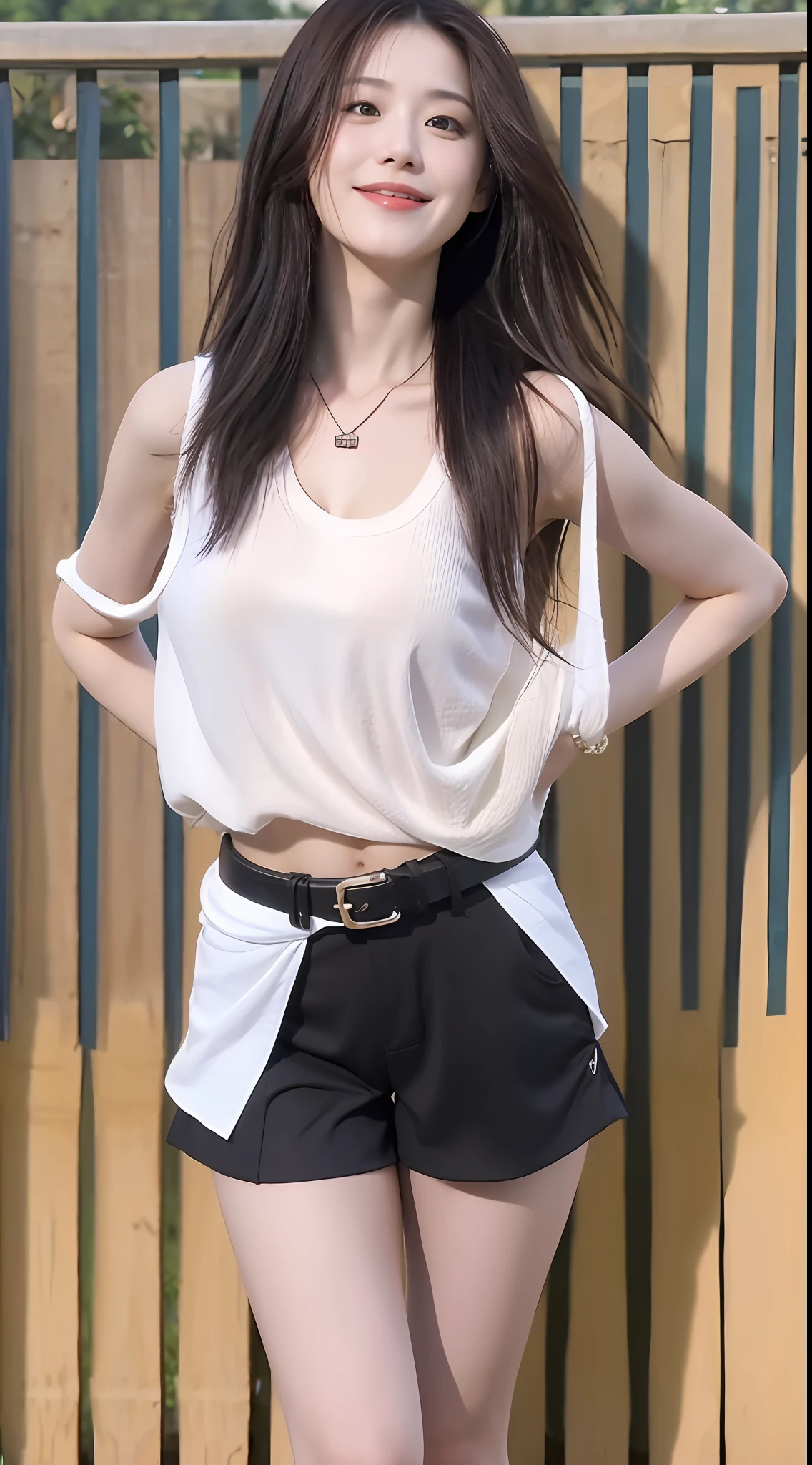 Beautiful girl, shorts, belt, navel, jewelry, looking at the audience, smiling, choke, chest, abdomen, split sleeves, long hair, ponytail, necklace, black hair, natural, skirt, brown hair, cleavage, brown eyes, outdoors, forest, short top, arms around waist, white shirt, close-fitting vest, realistic, shirt, shorts, small boobs, standing, bare shoulders, black eyes, lips, full body