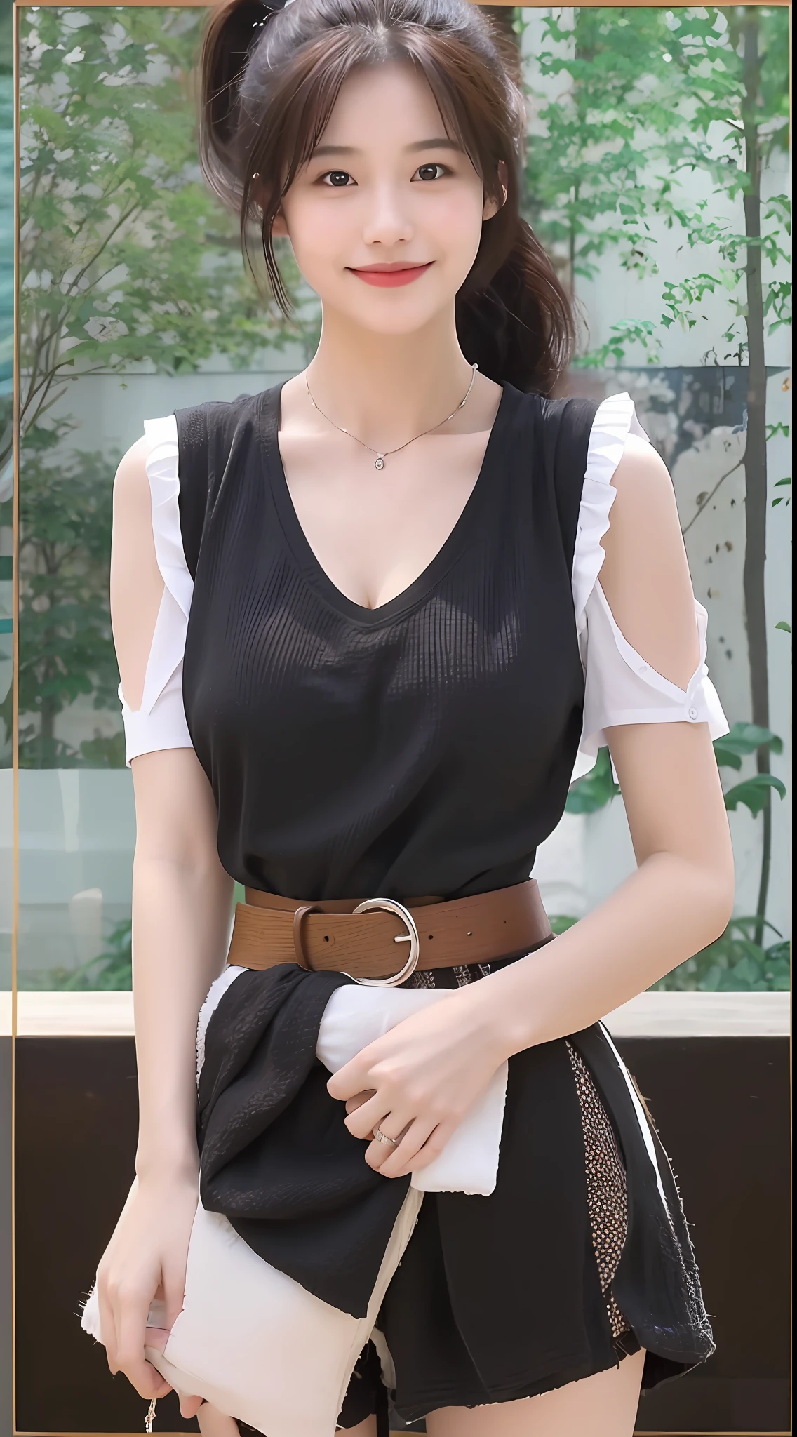 Beautiful girl, shorts, belt, navel, jewelry, looking at the audience, smiling, choke, chest, abdomen, split sleeves, long hair, ponytail, necklace, black hair, natural, skirt, brown hair, cleavage, brown eyes, outdoors, forest, short top, arms around waist, white shirt, close-fitting vest, realistic, shirt, shorts, small boobs, standing, bare shoulders, black eyes, lips, full body