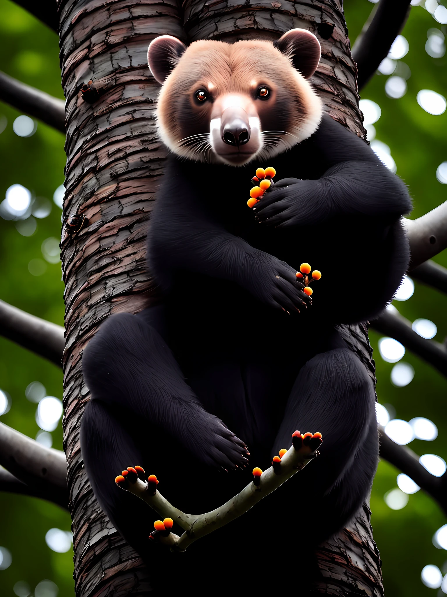 there is a bear that is sitting in a tree, tree kangaroo, sitting in a tree, perched in a tree, in a tree, hanging upside down from a tree, pine marten, hanging from a tree, sitting on a curly branch, sitting on a tree, leaping from babaob tree, kuntilanak on tree, branches sprouting from her head
