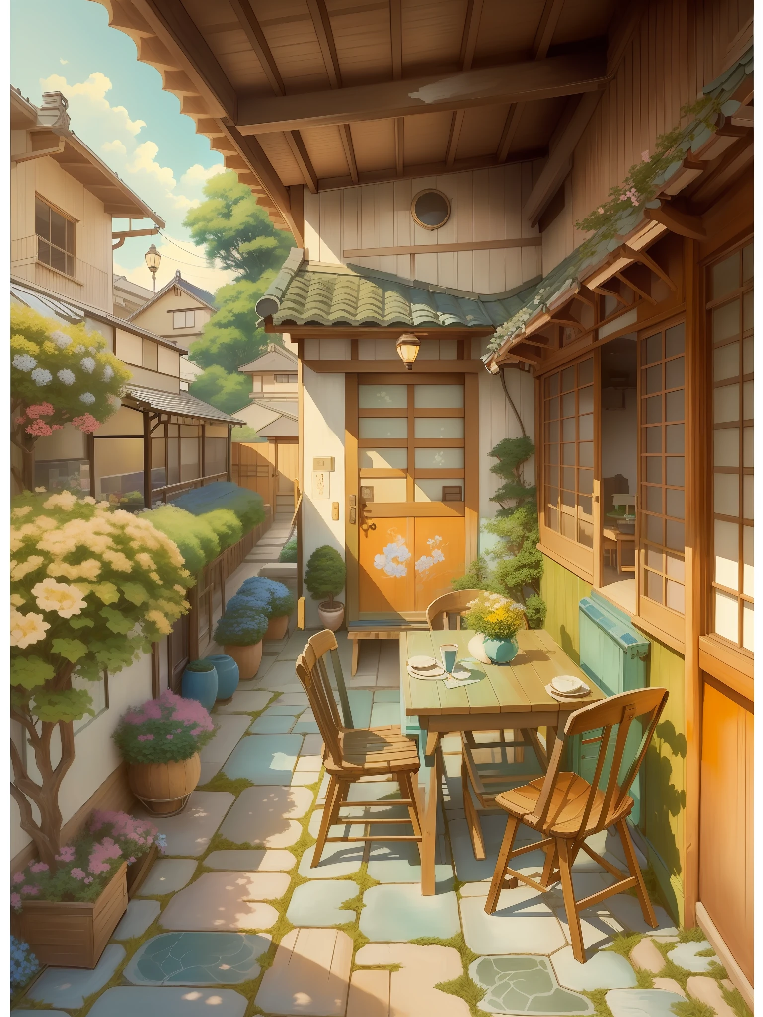 there is a painting of a patio with a table and chairs, cozy cafe background, anime background art, detailed scenery —width 672, japanese street, immensely detailed scene, summer afternoon, japanese art style, beautiful detailed scene, cottagecore, cottagecore!!, beautiful anime scene, relaxing concept art, cozy home background, scenery artwork