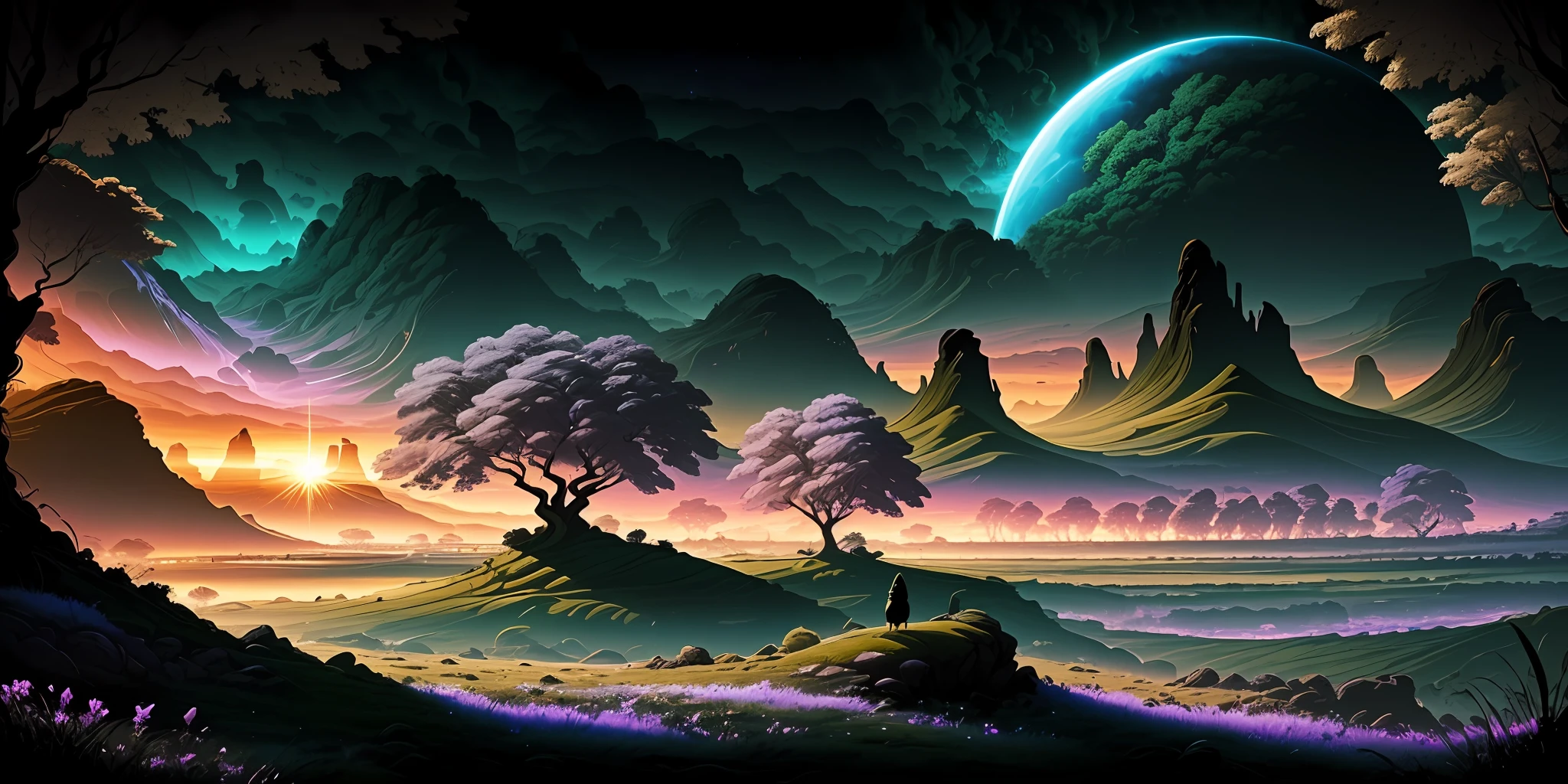 landscape on a strange alien planet, twin suns, atmospheric colours, fields, trees in the background, dense foliage, animals, picturesque, photo, synthwave