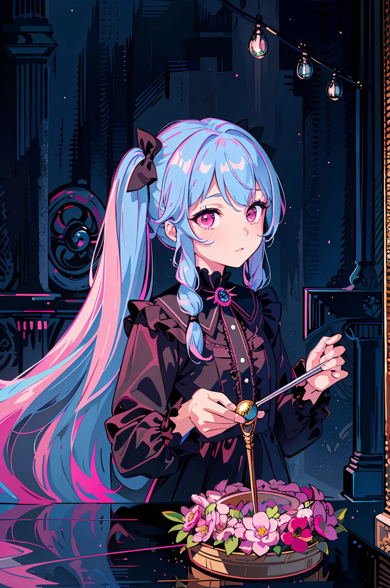 (best quality, masterpiece1.2), (detailed eye:1.2), intricate detail, depth of field, 1girl, standing, upper body, princess, long hair, forest, looking at viewer, (Two-forked pigtails: half pink, the other half light blue secret two-tone), red eyes, flame in one eye