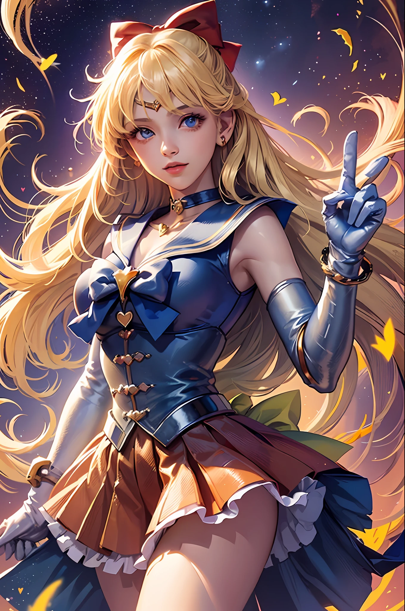 (masterpiece, best quality;1.3), extremely detailed CG, ultra detailed, 1girl, solo, smile, looking at viewer, stylish ungle, blonde long hair,blue eyes,
sv1, sailor senshi uniform, orange skirt, elbow gloves, tiara, orange sailor collar, red bow, orange choker, white gloves, jewelry, from above,
many hearts, face focus,Venus,tornado,abstract background, hearts storm, haert beam, heart bubbles, heart baloons, haert stars, heart flowers, HEART LIGHTS, heart world, heart background, galaxy background, heart weapon, heart aura,