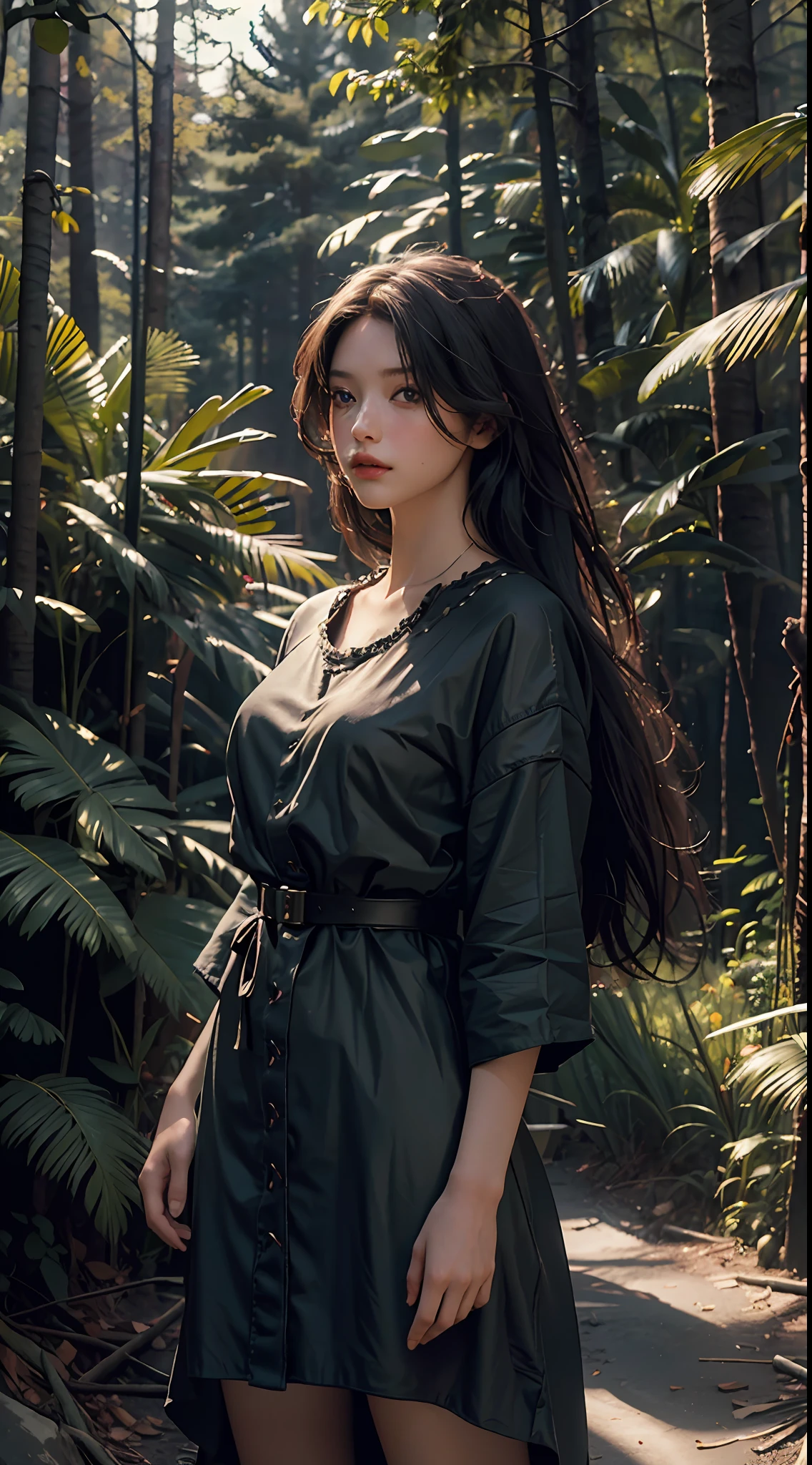 Best Quality, Masterpiece, Ultra High Resolution, (Photorealistic: 1.4), Original Photo, 1Girl, Dress, Cinematic Lighting, (Wilderness Escape: 1)