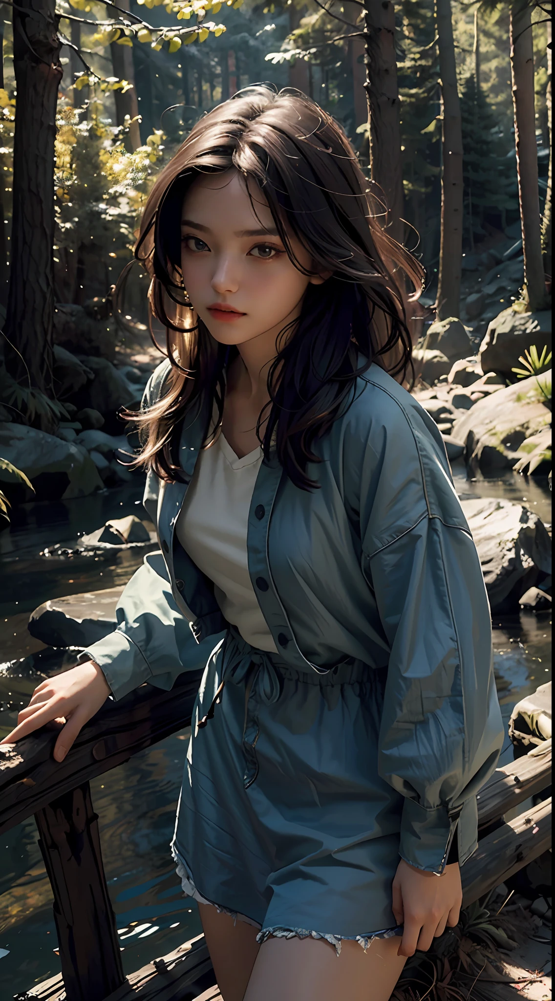 Best Quality, Masterpiece, Ultra High Resolution, (Photorealistic: 1.4), Original Photo, 1Girl, Dress, Cinematic Lighting, (Wilderness Escape: 1)