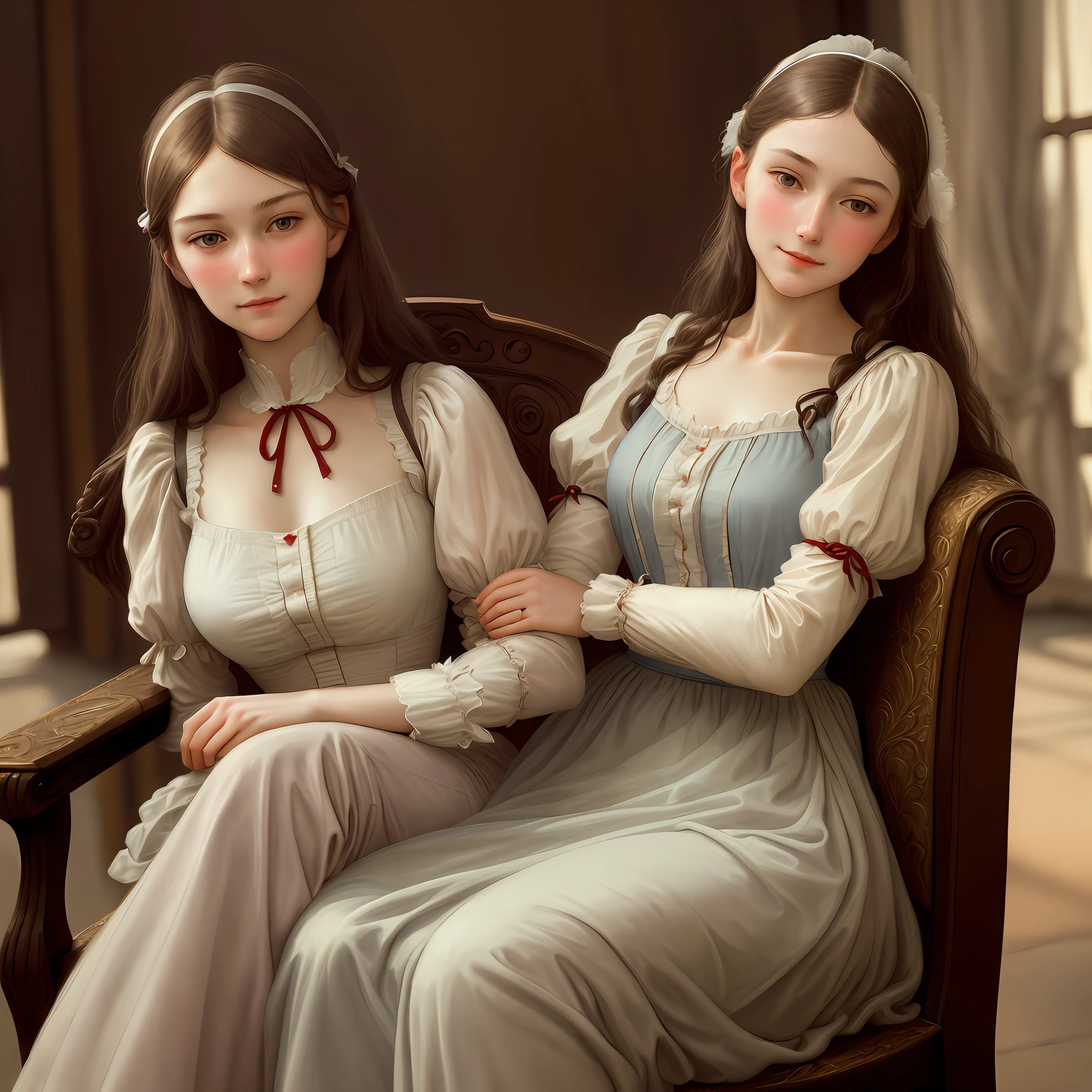 Florence Nightingale, (ballet clothes), sitting in a chair, smiling at the camera, formal shirt, ribbon, nipple bumps, long loose hair, delicate body, shy (delicate illustrations: 1.4), (Renaissance art: 1.4), (ultra high resolution: 1.2), (ultra high resolution: 1.2), (photorealistic: 1.4), (8K, RAW photos: 1.2), (soft focus: 1.4), (18 years old: 1.3), (Sharp Focus: 1.4), Beautiful face with attention to detail, Pure Rose Face_V1, Antique, Impressionism, Bouguereau, Academism painting