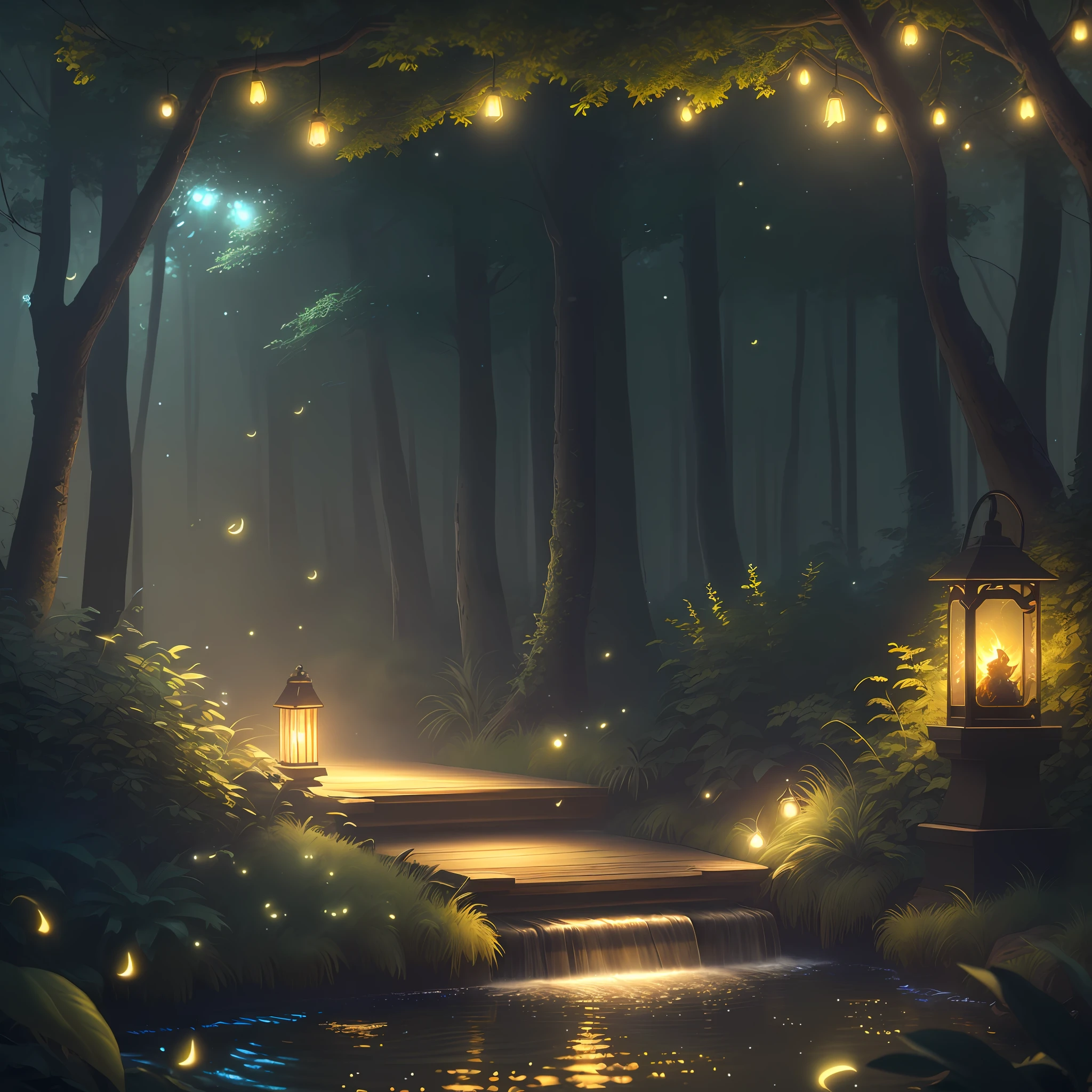 Masterpiece, best quality, (very detailed CG unity 8k wallpaper), (best quality), (best illustration), (best shadows), glow sprite, with a glowing deer, in the swimming pool Drinking water, natural elements in the forest theme. Mysterious forest, beautiful forest, nature, surrounded by flowers, delicate leaves and branches surrounded by fireflies (natural elements), (jungle theme), (leaves), (twigs), (fireflies), (particle effects) etc. 3D , Octane rendering, ray tracing, super detailed