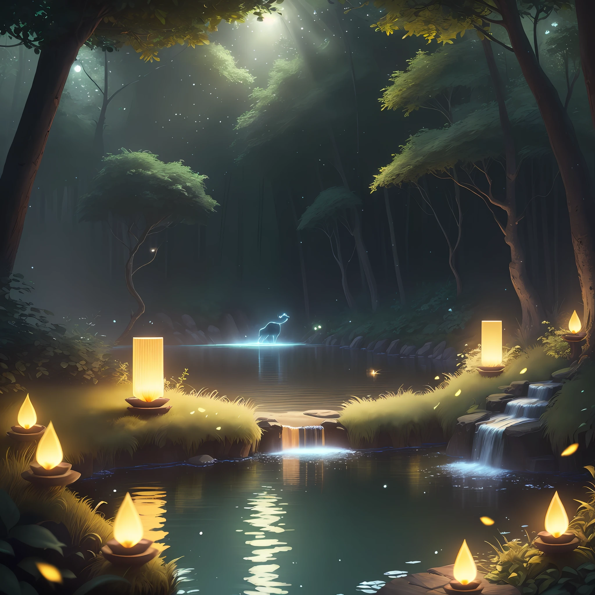 Masterpiece, best quality, (very detailed CG unity 8k wallpaper), (best quality), (best illustration), (best shadows), glow sprite, with a glowing deer, in the swimming pool Drinking water, natural elements in the forest theme. Mysterious forest, beautiful forest, nature, surrounded by flowers, delicate leaves and branches surrounded by fireflies (natural elements), (jungle theme), (leaves), (twigs), (fireflies), (particle effects) etc. 3D , Octane rendering, ray tracing, super detailed