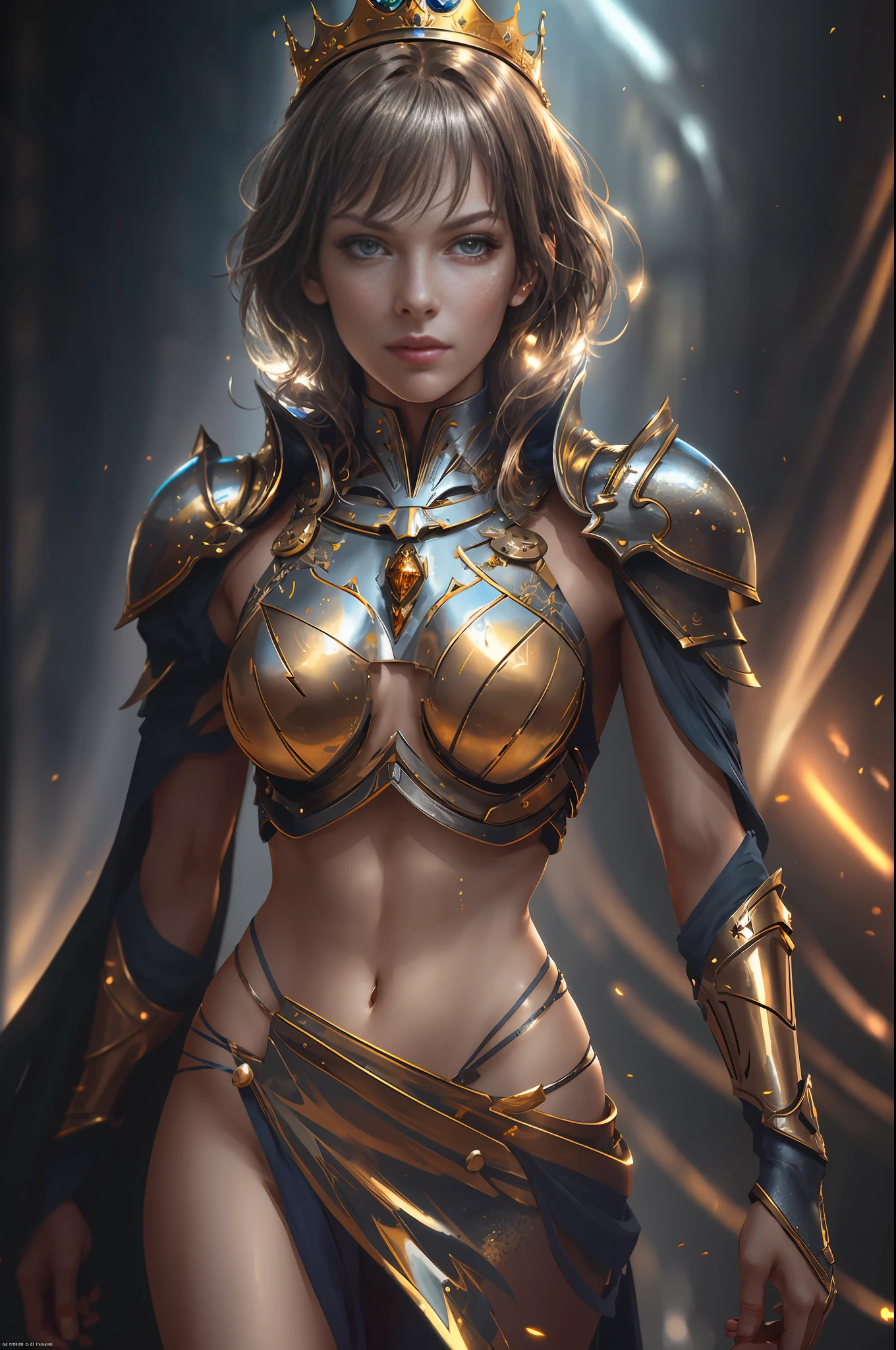 Close-up, a French female knight (Milla Jovovich, slender, young, short light brown hair slightly curly, amber pupils, godly eyes, self-confidence, few freckles, full body armor, blue robe, wearing a small crown, metallic texture, full of heroism, beautiful face, delicate facial features, tall figure, model standing) DBfantasyart, masterpiece, 1girl, 8K resolution film rendering, fashion, concept art, messy hair, perfect eyes, detailed eyes, High quality eyes, perfect_face, shiny skin: 1.2, shiny face: 1.2, cinematic light: :1.3, soft light, silver: :0.8, high detail ::1.3, super high quality: 1.3, high resolution, 16K resolution, ultra hd pictures , super realistic, sharp details, realistic details: :1.3, super high definition