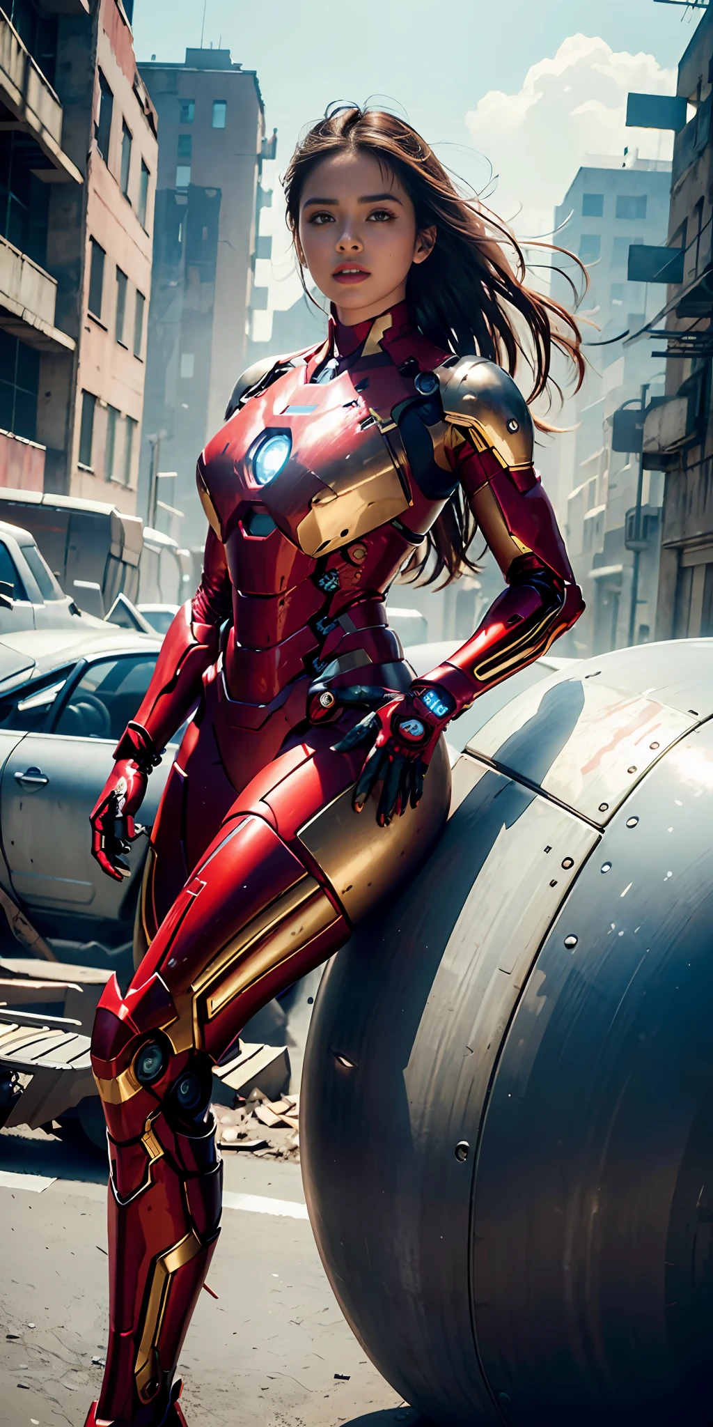 RAW, Masterpiece, Ultra Fine Photo,, Best Quality, Ultra High Resolution, Photorealistic, Sunlight, Full Body Portrait, Stunningly Beautiful,, Dynamic Poses, Delicate Face, Vibrant Eyes, (Side View) , she is wearing a futuristic Iron Man mech, red and gold color scheme, highly detailed abandoned warehouse background, detailed face, detailed and complex busy background, messy, gorgeous, milky white, high detailed skin, realistic skin details, visible pores , sharp focus, volumetric fog, 8k uhd, dslr camera, high quality, film grain, fair skin, photorealism, lomography, sprawling metropolis in futuristic dystopia, view from below, translucent