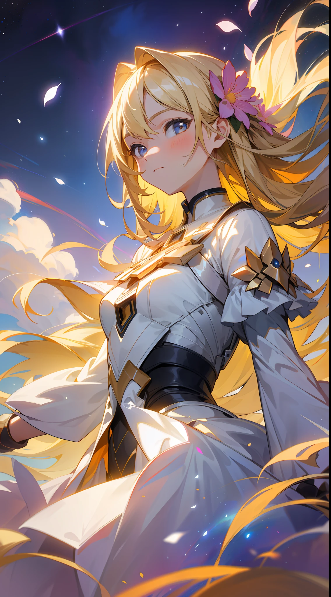 (best quality, masterpiece), 1girl, pose, particle, wind, flower, upper body, simple background, looking at viewer, blonde, galaxy,