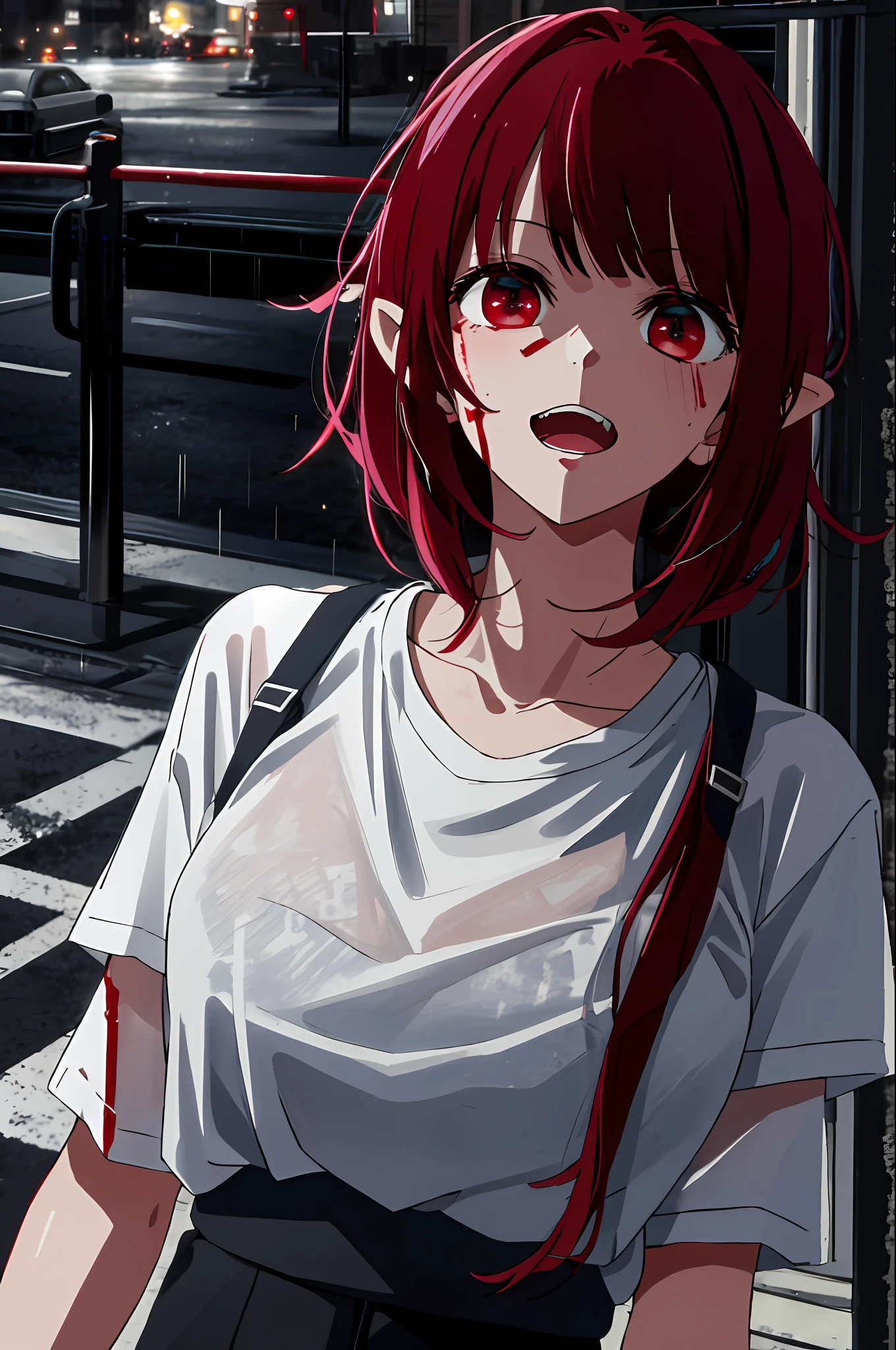 masterpiece, high quality, 8k, beautiful lighting, 1girl, solo, Arima Kana , looking at viewer, vampire teeth, pointy teeth, pointy ears, glowing eyes, blood, on clothes, white t-shirt, black shorts, wet shirt, see through shirt, large breast, blood on clothing, night rainy city background, wet clothes, bloody clothes, blood on face