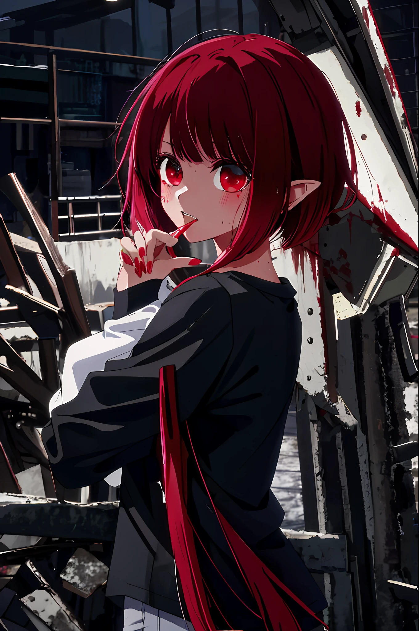 masterpiece, high quality, 8k, beautiful lighting, 1girl, solo, Arima Kana , looking at viewer, vampire teeth, pointy teeth, pointy ears, glowing eyes, blood, on clothes, white t-shirt, black shorts, wet shirt, see through shirt, large breast, blood on clothing, night rainy city background, wet clothes, bloody clothes, blood on face, sharp red nails