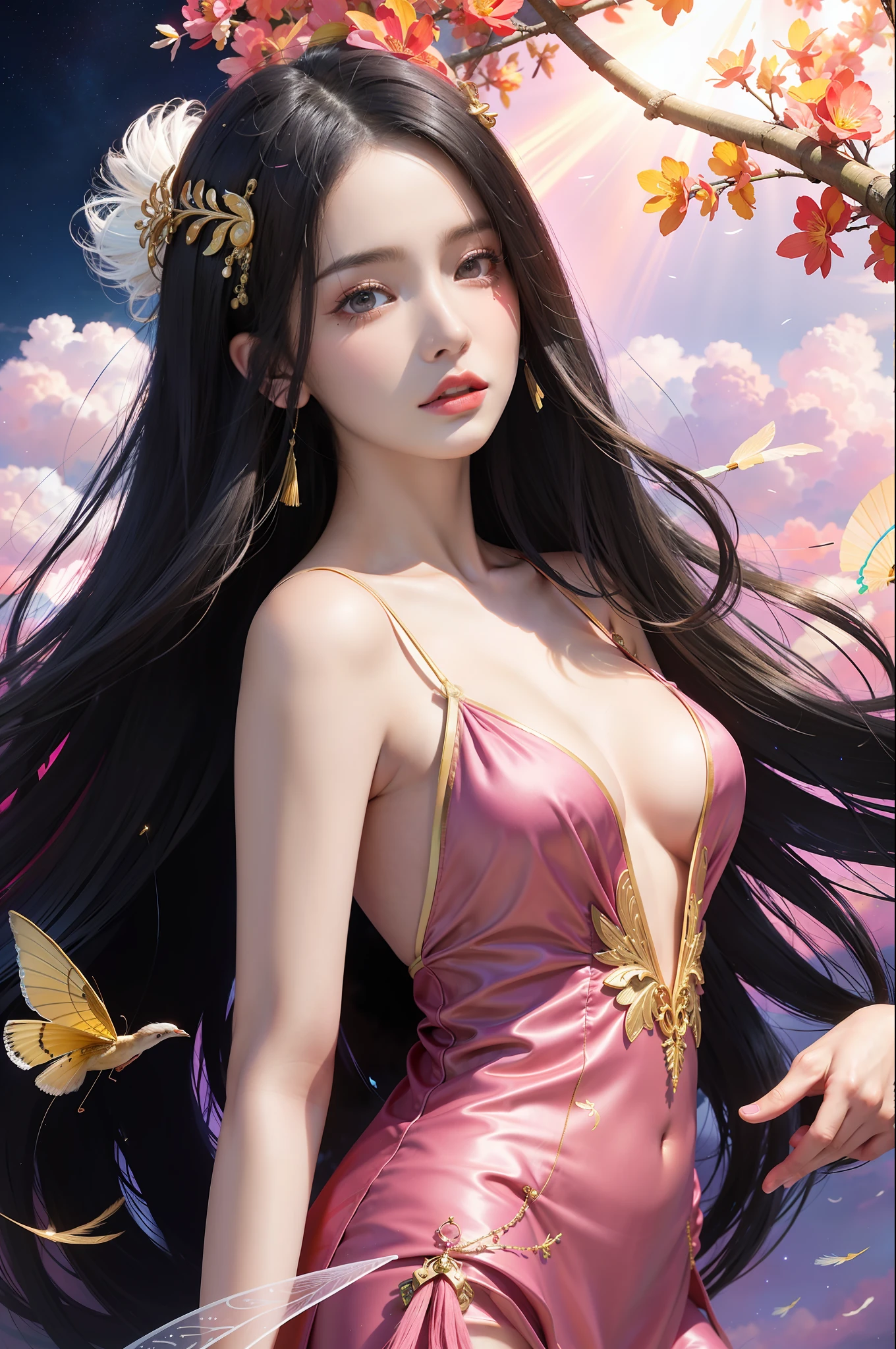 (Masterpiece, Top Quality, Best Quality, Extreme Detail, Supreme Detail, Official Art, Beauty and Aesthetics: 1.2), Colorful, Denim Shot, Upper Body Shot, Beautiful Face, Solo, Perfect Body, On Sky Clouds, Flying in the Sky, Portrait of a Girl, Silver Gradient Hair, (Black Hair| Pink hair: 1.2), fairy, flowing streamers, sexy, sun rays, clouds, full body, hanfu, chinese clothes, water, fireflies, night, starry sky, jewelry, feathers on dresses, peacock feathers, light particles, volumetric lighting, ray tracing (flowing streamers: 1.1), (fantasy novels: 1.2), illuminators, stars, fantasy, high contrast, ink strokes, overexposure, purple and red tone impressions, abstract, (watercolor paintings by John Berkey and Jeremiman)) brush strokes,