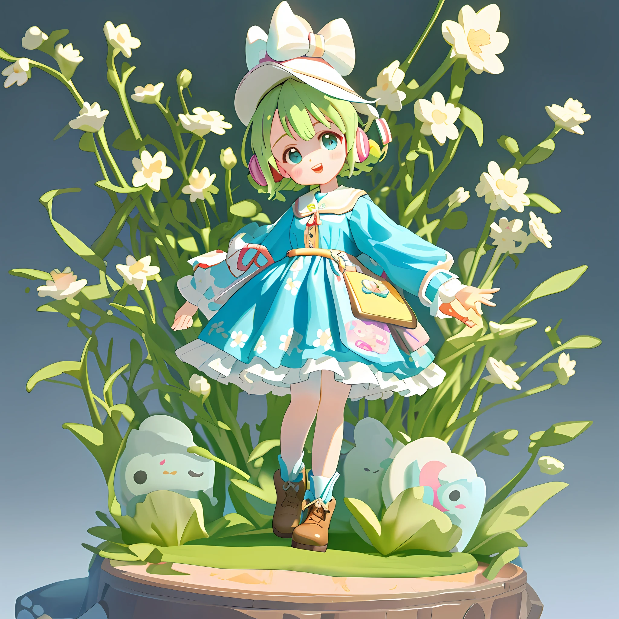 a Super cute girl ,Wearing a floral dress,Wearing boots,Wearing a hat and earphones，big watery eyes,full body,looking at viewer,open hands，MD clothing, clothing wrinkles，clean background,dreamy,excited,super cute girl IP by pop mart ,high detail ,hyper quality,Bright color,mockup blind box toy,disney style ,fine luster,3D render,oc render,best quality ,bright,front lighting,Face Shot,fine luster,ultra detoiled ，8k,