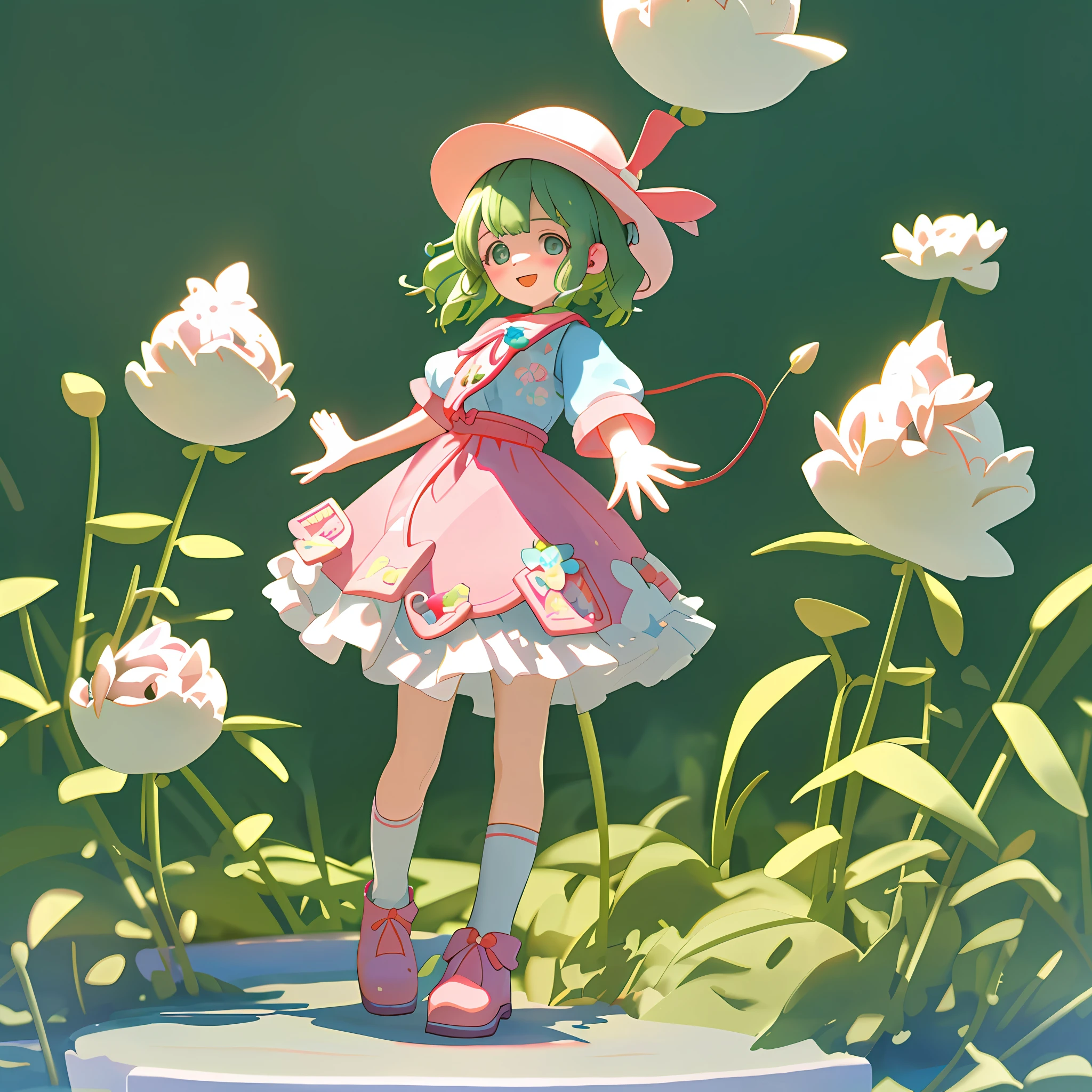 a Super cute girl ,Wearing a floral dress,Wearing boots,Wearing a hat and earphones,big watery eyes,full body,looking at viewer,open hands,MD clothing, clothing wrinkles,clean background,dreamy,excited,super cute girl IP by pop mart ,high detail ,hyper quality,Bright color,mockup blind box toy,disney style ,fine luster,3D render,oc render,best quality ,bright,front lighting,Face Shot,fine luster,ultra detoiled ,8k,