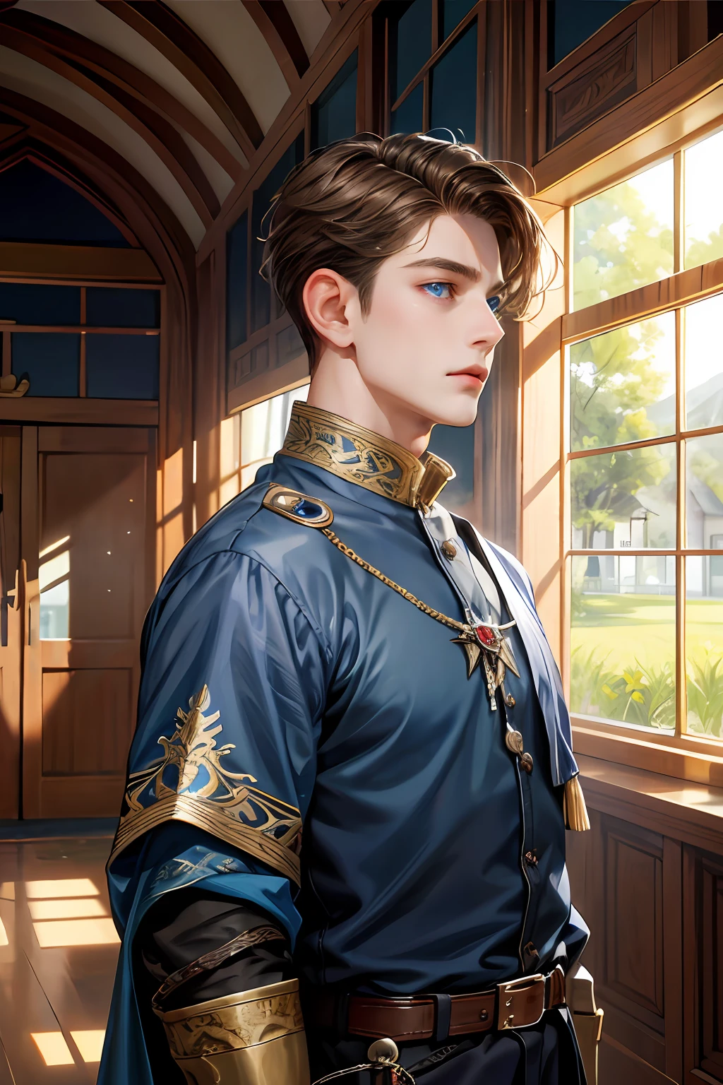 front view, (looking at the viewer), (cinematic, best quality, UHD), ((oil painting)), ((official art)), 1boy, ((male)), not pretty, (blue eyes), (big eyes), (forehead), (light brown hair), very short hair, (messy hair), very short bangs, expression would be, look of anguish, simple blouse, belt, (muscular: 0.8), upper body, profile, inside the house, medieval fantasy, detailed face, extremely detailed eyes