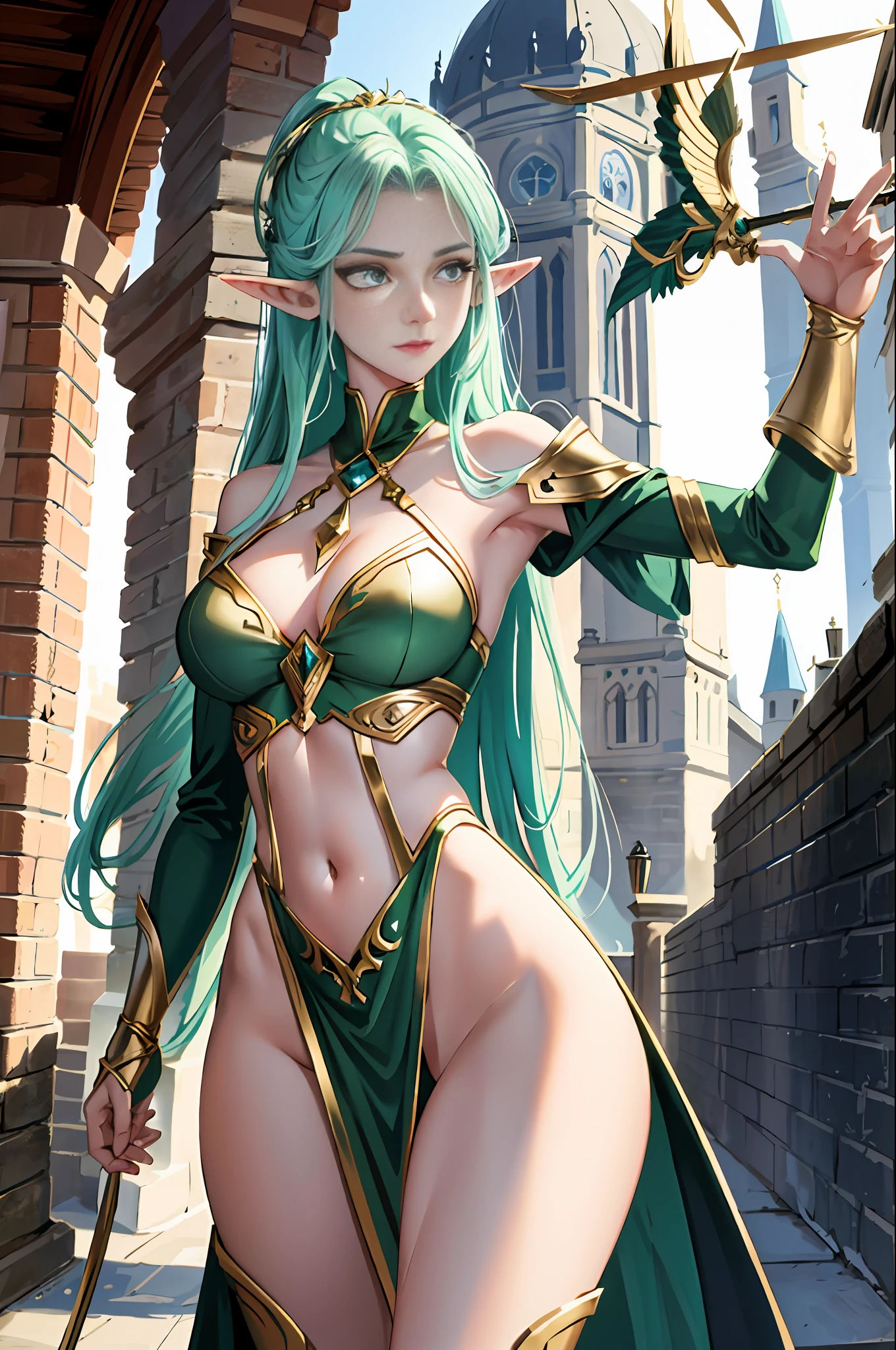 A tall and beautiful elf woman, with green pupils, contempt in her eyes, a cold expression, a haughty posture, chest up, golden light armor all over her body, exposed chest, exposed shoulders, exposed navel, exposed thighs, looking up camera, strolling through medieval streets.