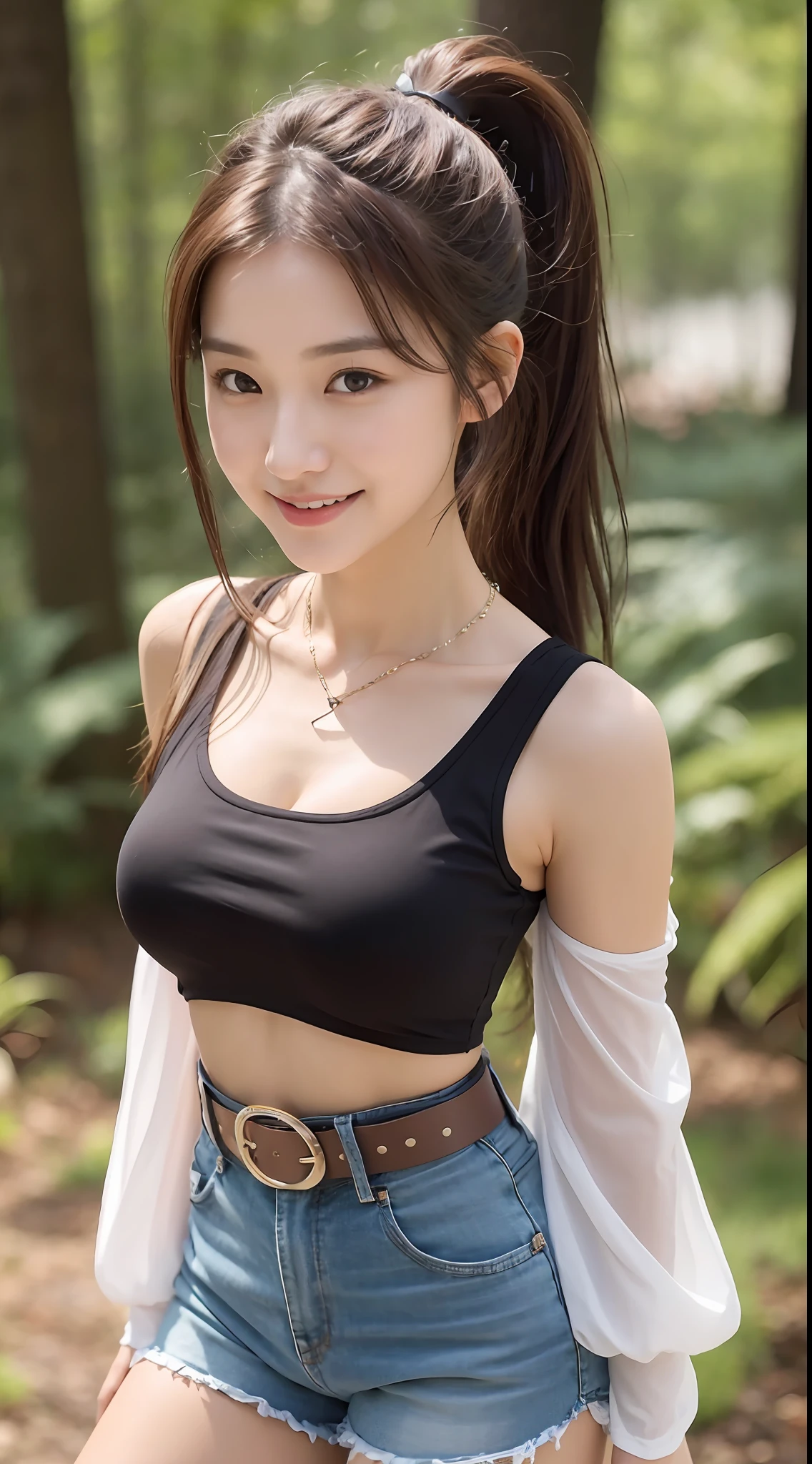 Beautiful girl, shorts, belt, navel, jewelry, looking at the audience, smiling, choke, chest, abdomen, split sleeves, long hair, ponytail, necklace, black hair, natural, skirt, brown hair, cleavage, brown eyes, outdoors, forest, short top, arms around waist, white shirt, close-fitting vest, realistic, shirt, shorts, small boobs, standing, bare shoulders, black eyes, lips, full body