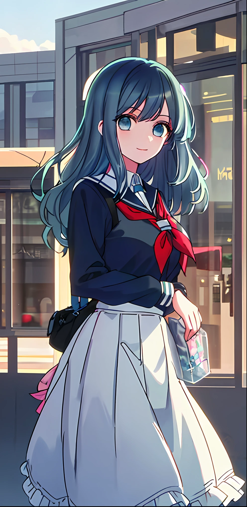 masterpiece, best quality, 1girl, solo, long hair, looking at viewer, cute, school uniform, outdoors, streets, large breasts, curvy, (((blue eyes))), blue hair,, wavy hair, ((beautiful detailed eyes, beautiful detailed glow)), anime, happy expression