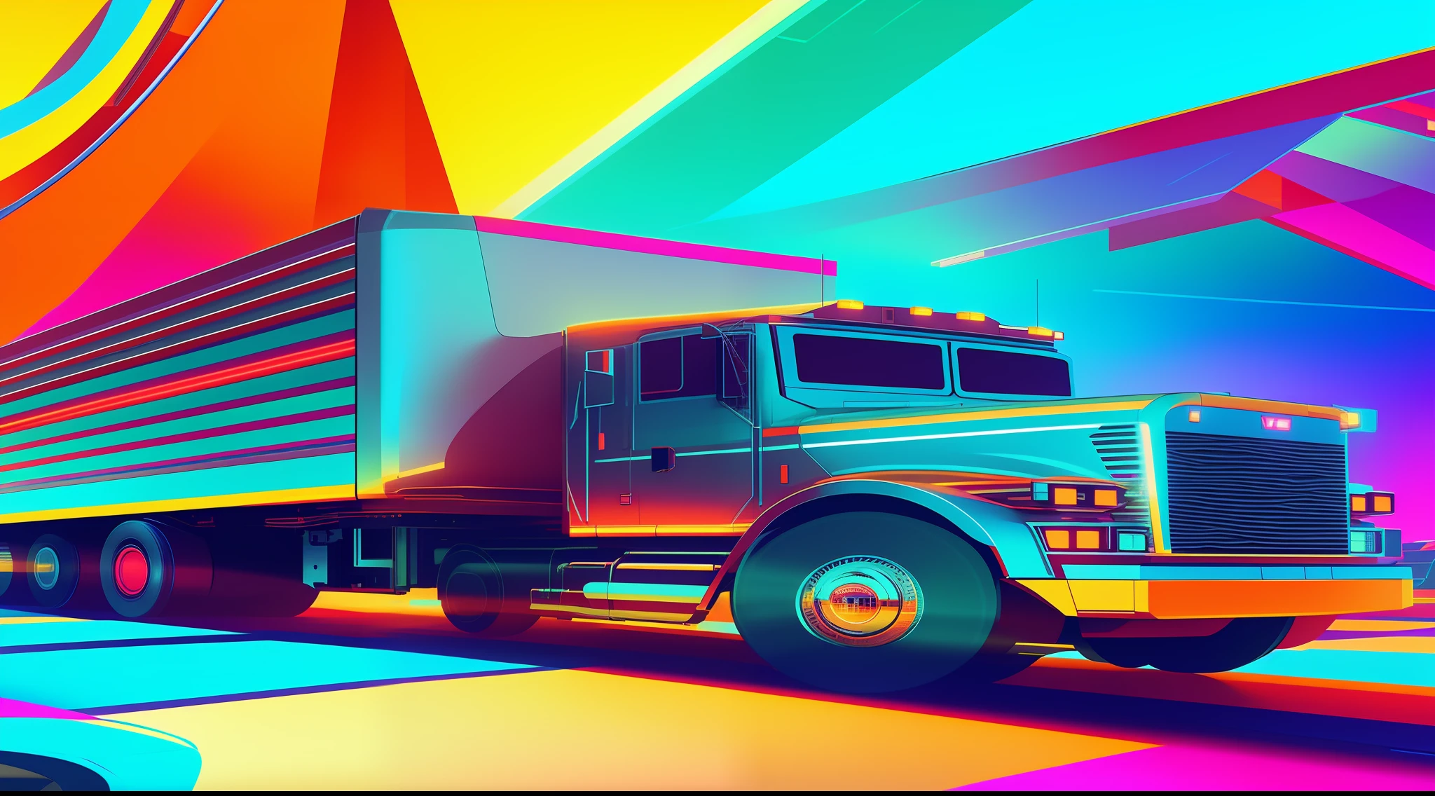 brightly colored photograph of a semi truck driving through a tunnel, colorful high contrast hd, digital art high quality, colorful vivid octane render, retrofuturistic digital painting, in style of digital illustration, beeple. hyperrealism, hyper color digital art, psychedelic color theme, stylized digital illustration, stylized digital art, colorful retrofutur, hyper colorful